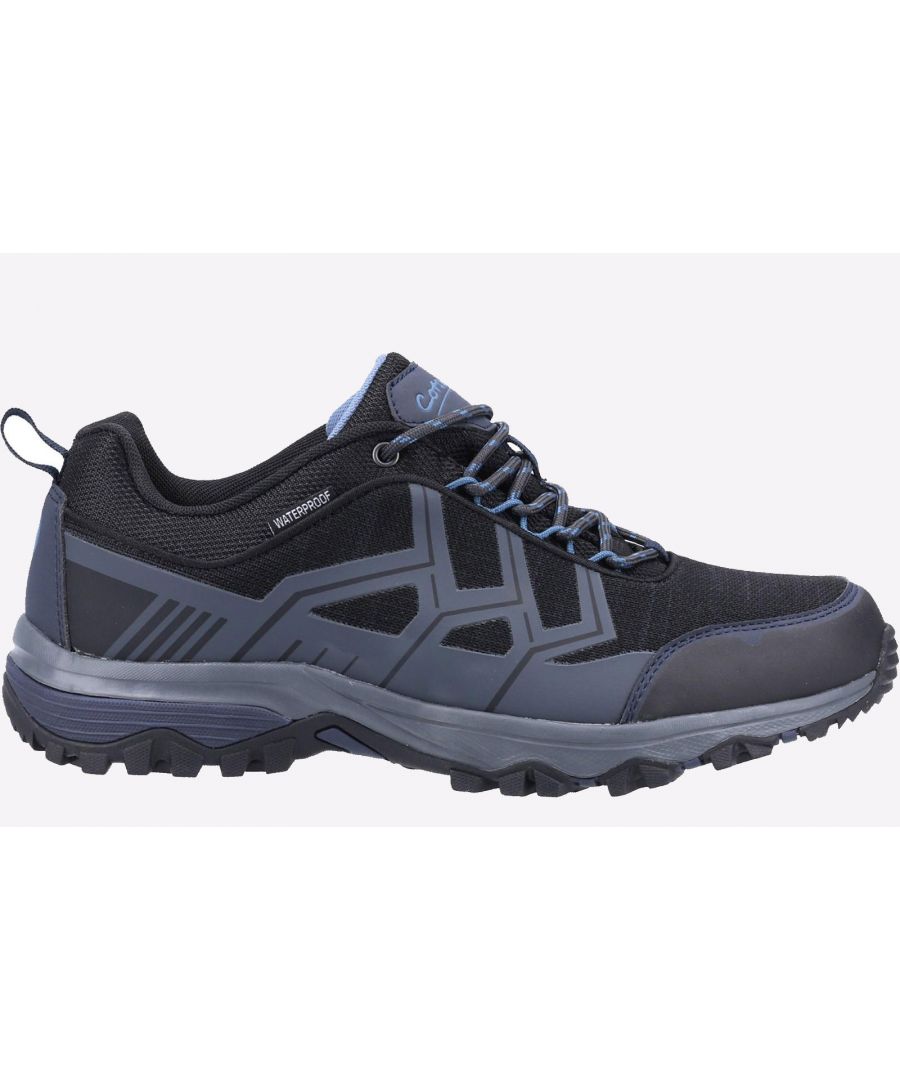 This men's hiking trainer has superior grip for muddy trails. The upper is eco-conscious being made from 85% of RPET (recycled plastic bottles). Included speed lacing hooks and waterproof membrane.\n-Recycled upper-Waterproof breatheable membrane\n-EVA footbed\n-Dual density rubber/python sole\n-Speed lacing hooks