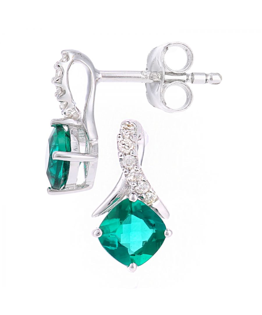 Diamant L'Eternel Womens 9ct White Gold 0.54ct Created Emerald and 0.05ct Diamond Earrings - One Size