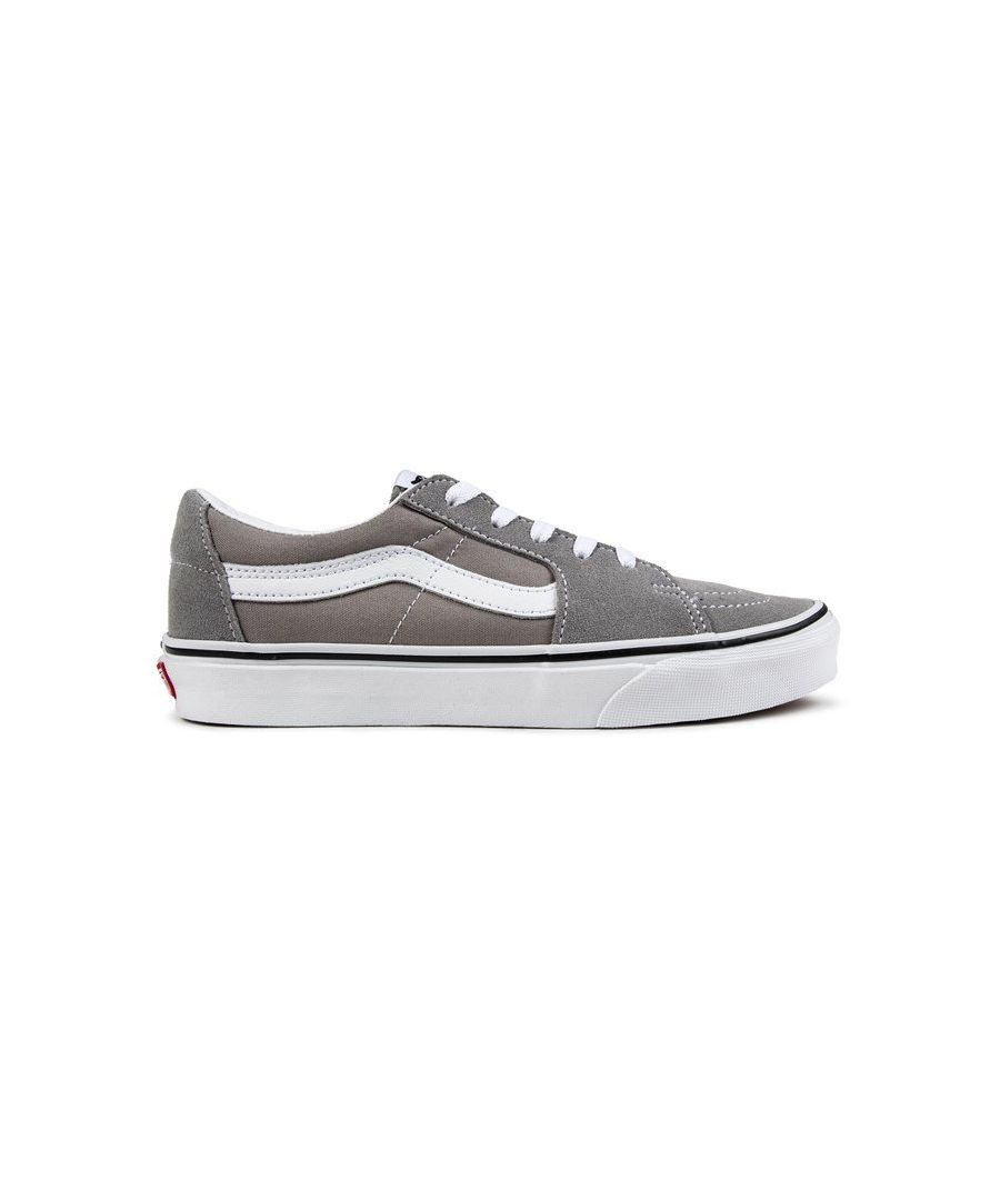 Women's Grey Vans Sk8 Low Lace-up Trainers With Soft Textile Uppers Featuring Iconic White Side Stripe, Matching Branding On Tongue, Blind Eyelets, And Suede Panelling. These Ladies' Low-profile Sneakers Have A Padded Collar And White Vulcanised Rubber Sole With Waffle Tread And Red Heel Tab.