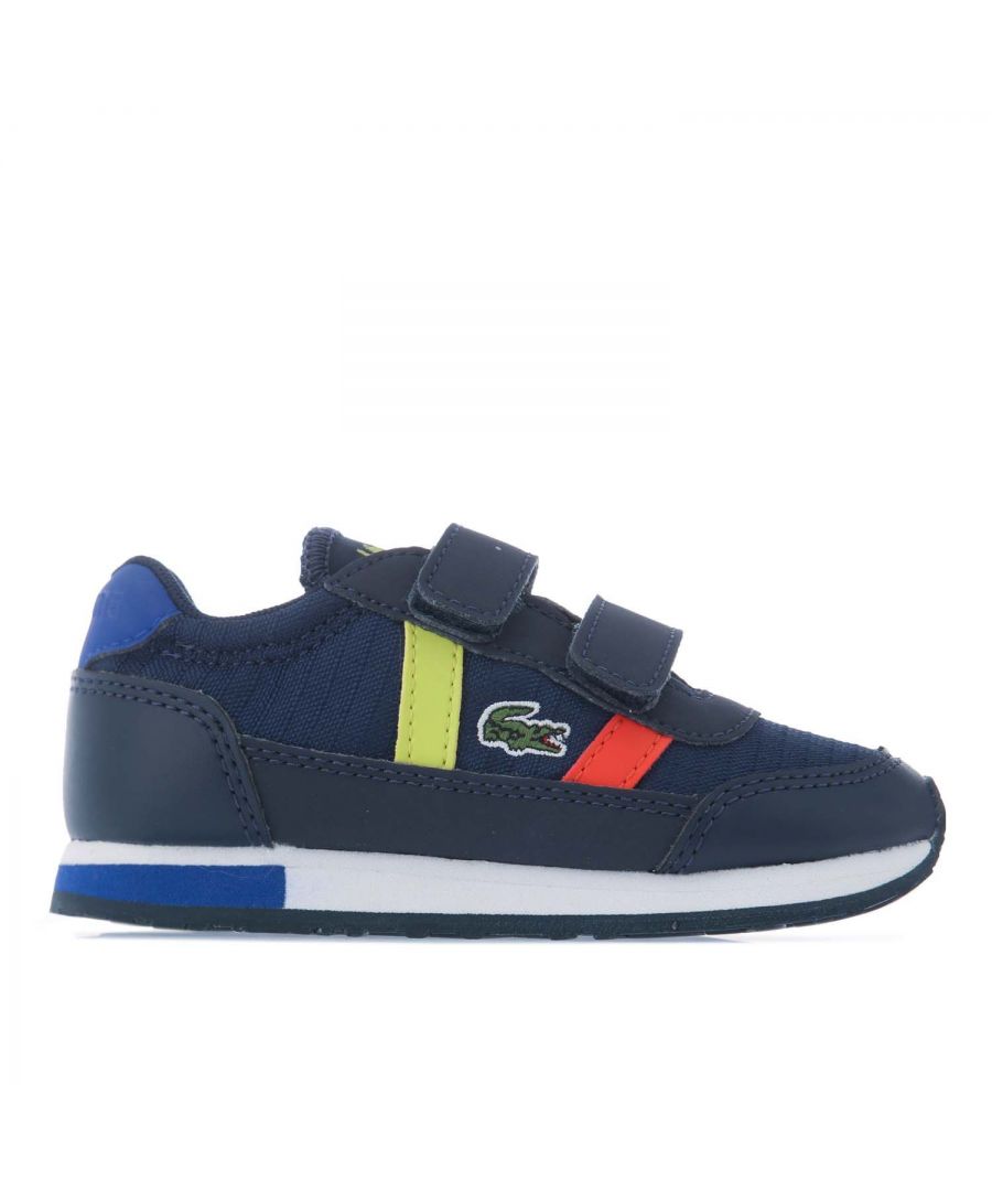 Infant Boys Lacoste Partner Trainers in navy.- Textile and synthetic upper.- Hook and loop fastenings.- Green crocodile embroidered on the side.- Heel and Lacoste branding on the matching tongue.- Contrasting details on the heel.- Rubber outsole.- Synthetic and Textile upper  Textile lining  Synthetic sole.- Ref: 740SUI0011ND1