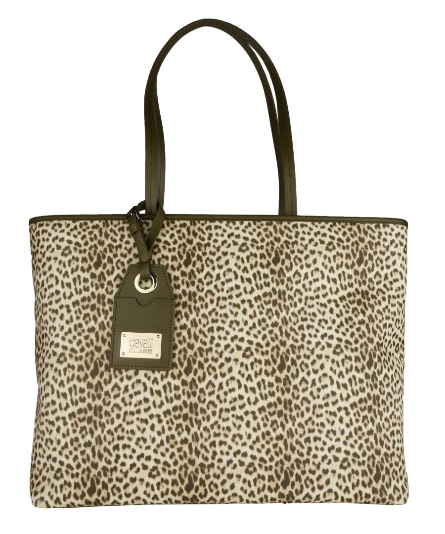 Cavalli Class Green andamp; Leopard Texture Pvc Shopping Handbag