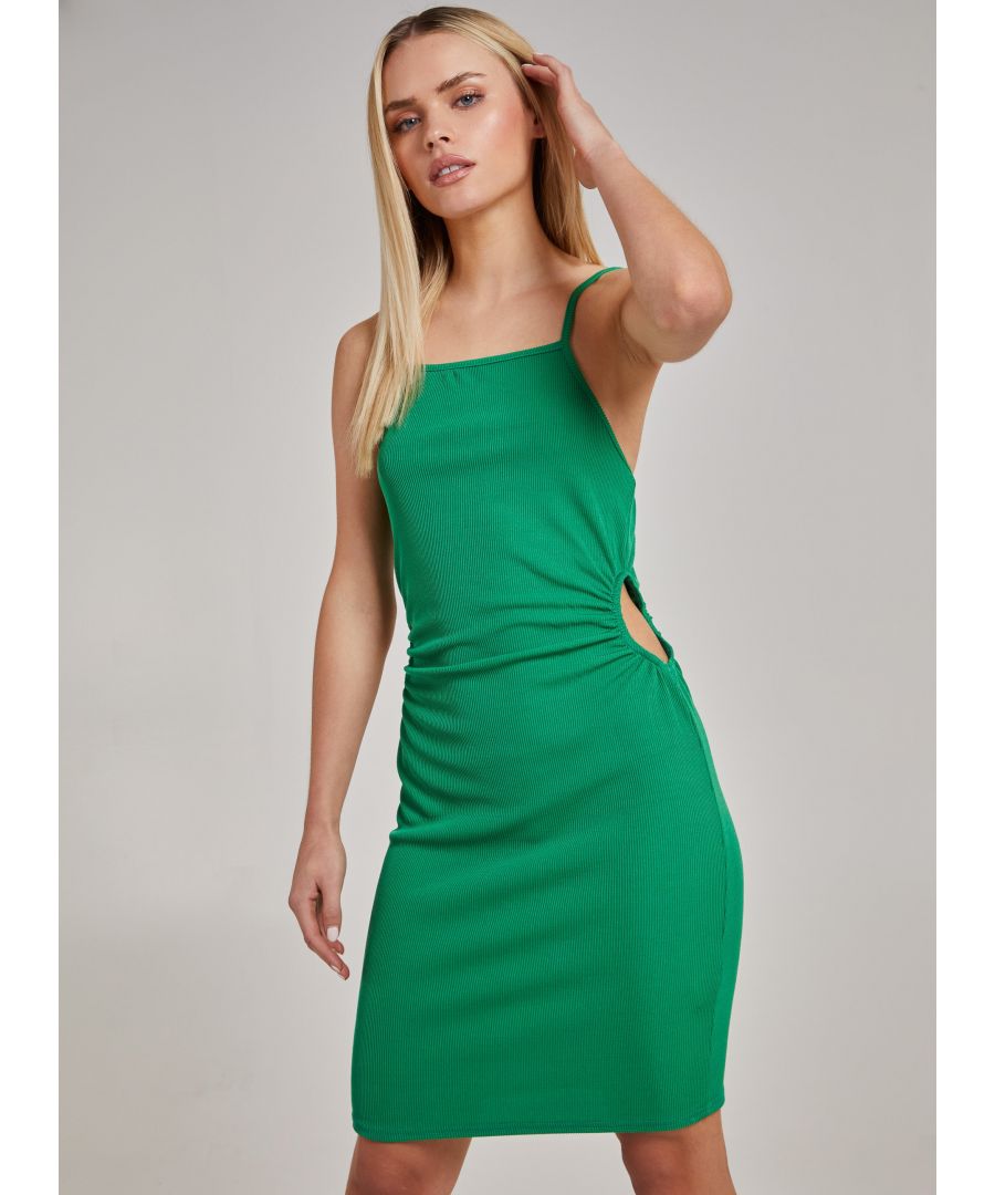 Pink Vanilla Womens High Neck Side Cut Out Rib Mini Dress - Green - Size 12 UK