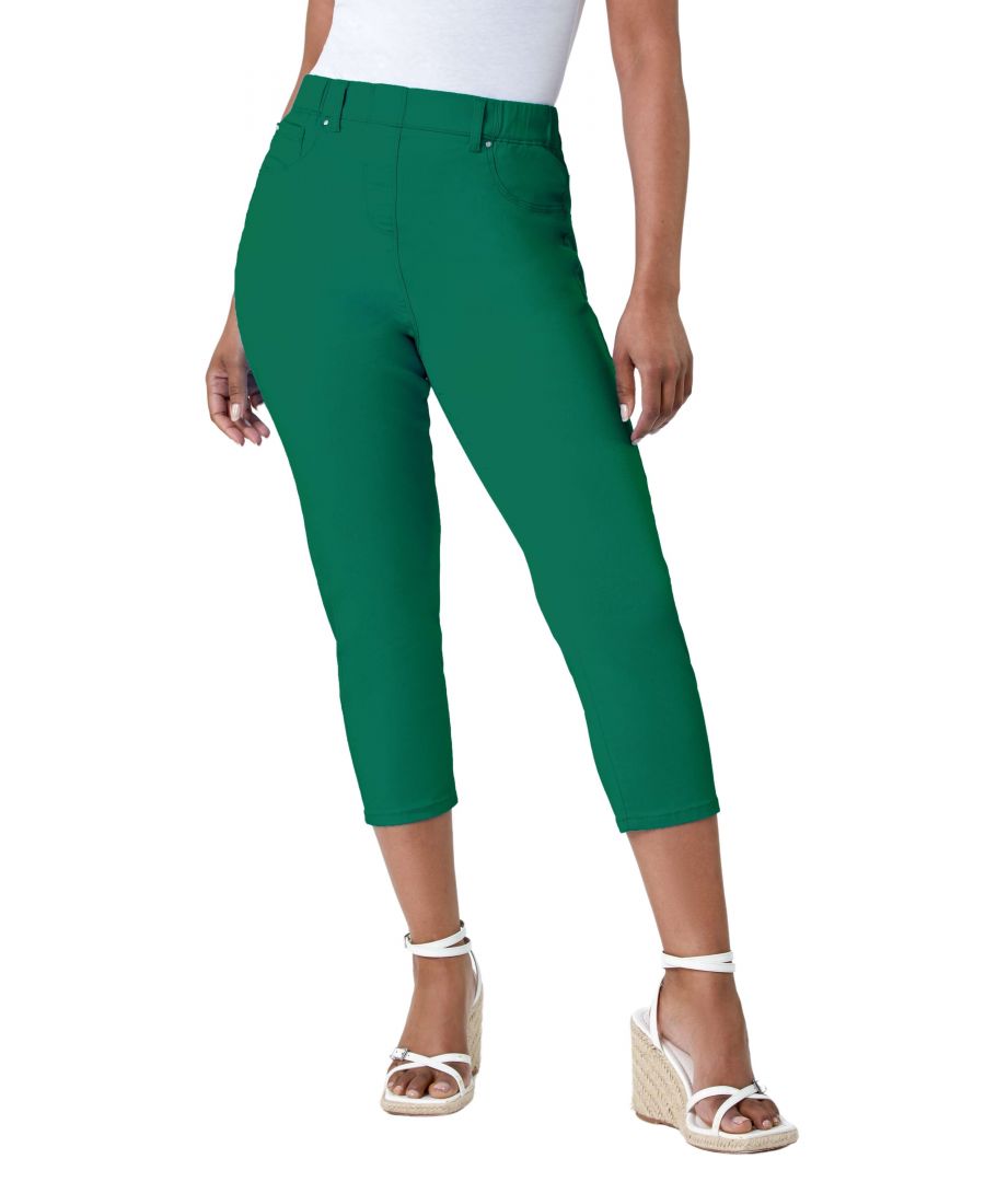 Roman Petite Womens Cropped Stretch Denim Jegging Cotton Capri Jean Leggings - Green - Size 12 UK