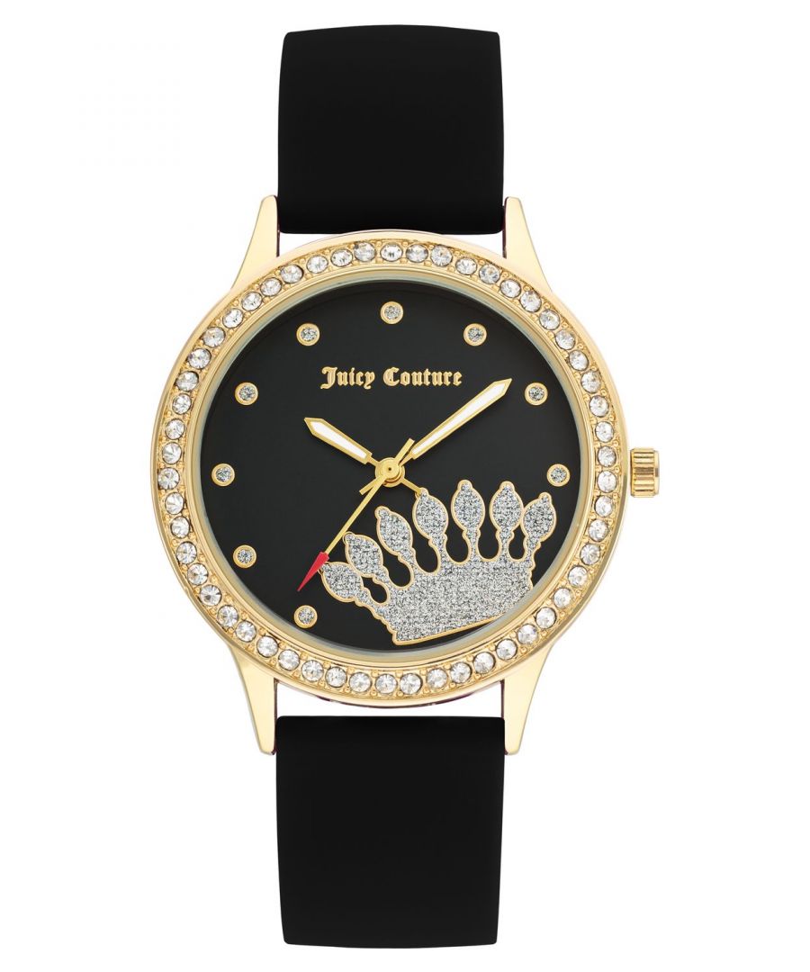 Juicy Couture Watch JC/1342GPBK\nGender: Women\nMain color: Gold\nClockwork: Quartz: Battery\nDisplay format: Analog\nWater resistance: 0 ATM\nClosure: Pin Buckle\nFunctions: No Extra Function\nCase color: Gold\nCase material: Metal\nCase width: 38\nCase length: 38\nFacing: Rhine Stone\nWristband color: Black\nWristband material: Silicon/Rubber\nStrap connecting width: 18\nWrist circumference (max.): 23.5\nShipment includes: Watch box\nStyle: Fashion\nCase height: 8\nGlass: Mineral Glass\nDisplay color: Black\nPower reserve: No automatic\nbezel: none\nWatches Extra: None