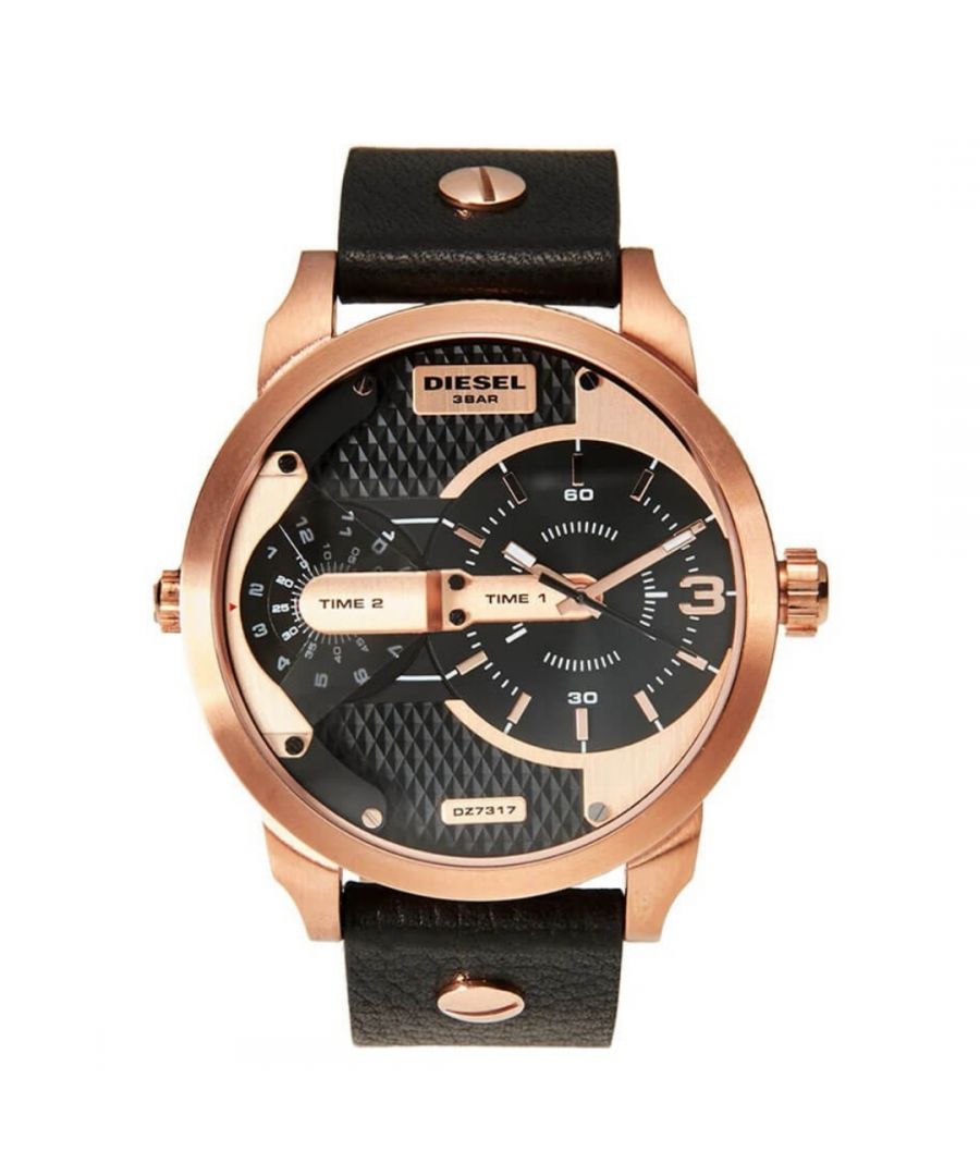 Diesel Mens Mini Daddy Three Hand Rose Gold Leather Watch. Black Leather Strap. Water Resistant, 1 Year Warranty. Comes With Diesel Smart Display Case with Inner Cushion & User Manual. DZ7317. Case Material Stainless Steel