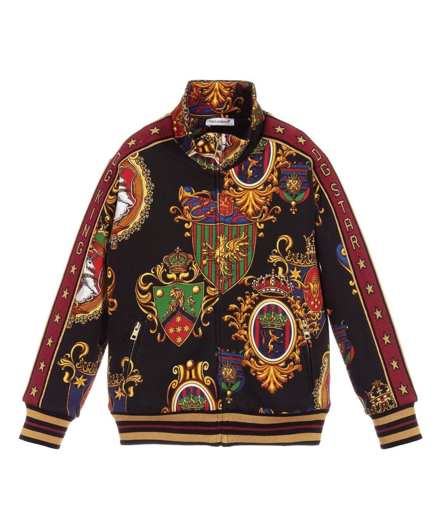 This Dolce & Gabbana Zip-Up Jacket features a printed colourful heraldic crests all-over the jacket, logo tapes along the sleeves and is made in comfortable cotton jersey.