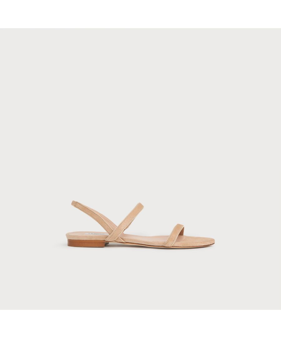 An elegant everyday style, our Rosalie flat sandals are the essence of chic and part of our Reimagine capsule collection. Crafted in Italy from super-soft beige suede with a stylish picot trim, they have a single strap over the toes, one over the foot, a slingback and a wooden stacked 15mm block heel. Wear them when the sun shines with cool cotton and linen pieces.