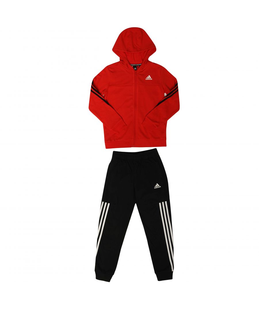 Junior Boys adidas B Cotton Tracksuit in red black.- Jacket:- Full zip fastening.- Side pockets.- Ribbed cuffs and hem.- 3- Stripes.- Regular fit.- Main material: 70% Cotton  30% Polyester (Recycled). Rib Part: 100% Polyester.- Pants:- Elasticated waist with inner drawcord.- Two open side pockets.- Ribbed cuffs.- Regular fit.- Main material: 70% Cotton  30% Polyester (Recycled). Rib Part: 100% Cotton.- Ref: HF4509J