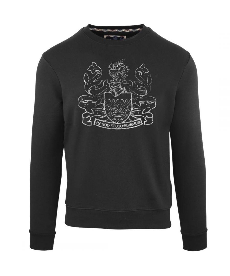 Aquascutum gewaagd zwart sweatshirt met Aldis-logo. Zwarte Aquascutum-trui. Elastische kraag, mouwuiteinden en taille. Trui van 100% katoen. Normale pasvorm, valt normaal qua maat. Stijlcode: FGIA28 99