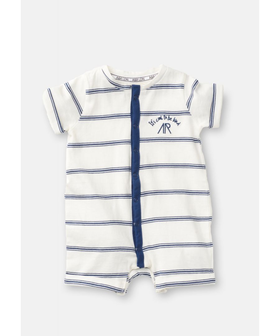 Textured bretton stripe Baby all in one. in a super soft cotton cream marl jersey. Made in super soft cotton jersey with popper opening for easy fuss free dressing. Angel & Rocket cares – Made with Fairtrade Cotton Colour: Cream marl / Blue About me: 100% cotton Look after me – Think planet. wash at 30c..