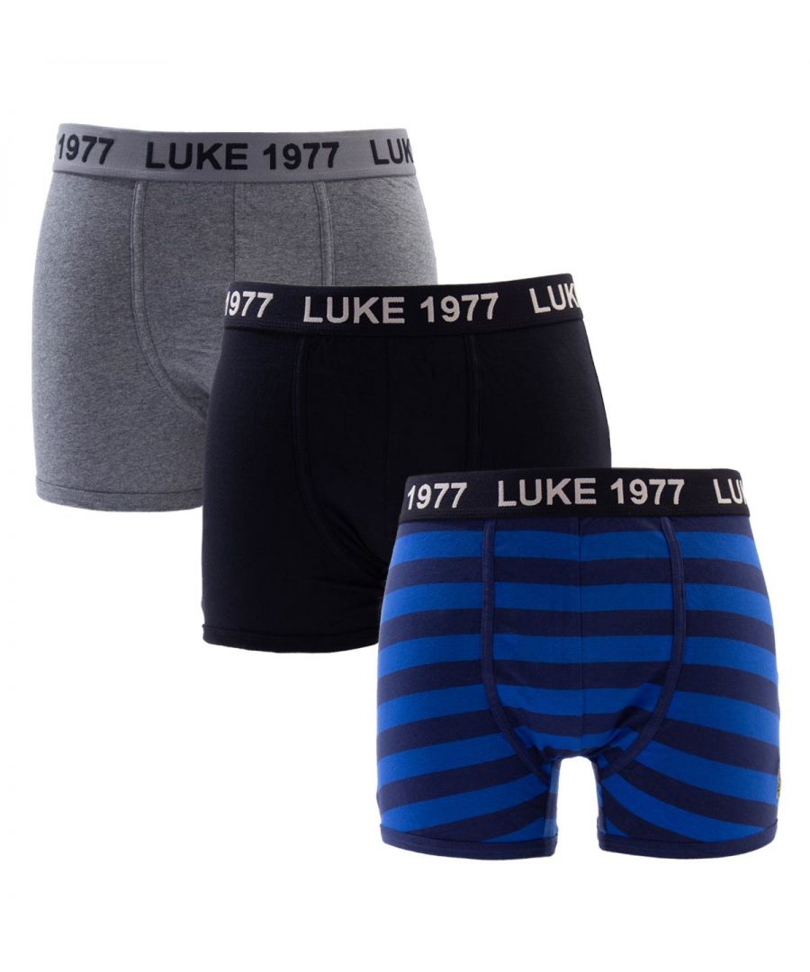 Elevate your essentials this season and really complete the ensemble with the Luke 1977 boxer trunks. This three pack of trunks are crafted from a super soft stretch cotton jersey, ensuring day-long comfort with maximum ease of movement and breathability. Each pair is finished with Luke 1977 branding at the elasticated waistband and embroidered lion on the leg. Three Pack Set. Stretch Cotton Jersey. Elastic Waistband. Cuffed Hem 95% Cotton 5% Elastane. Luke 1977 Branding