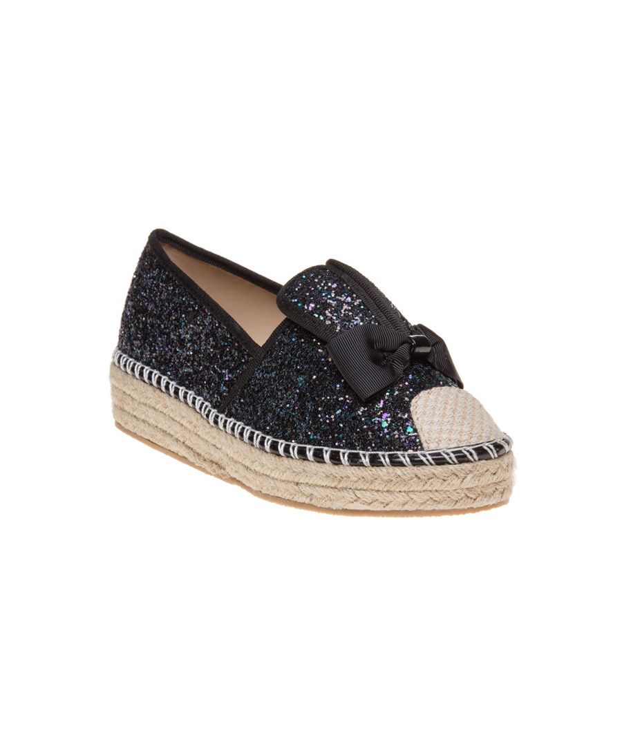 The Charm Espadrilles From Solesister Feature Black Glitter Uppers With A Chunky Rope Sole And Bunny Ear Detail For Glamorous Beach Wear.