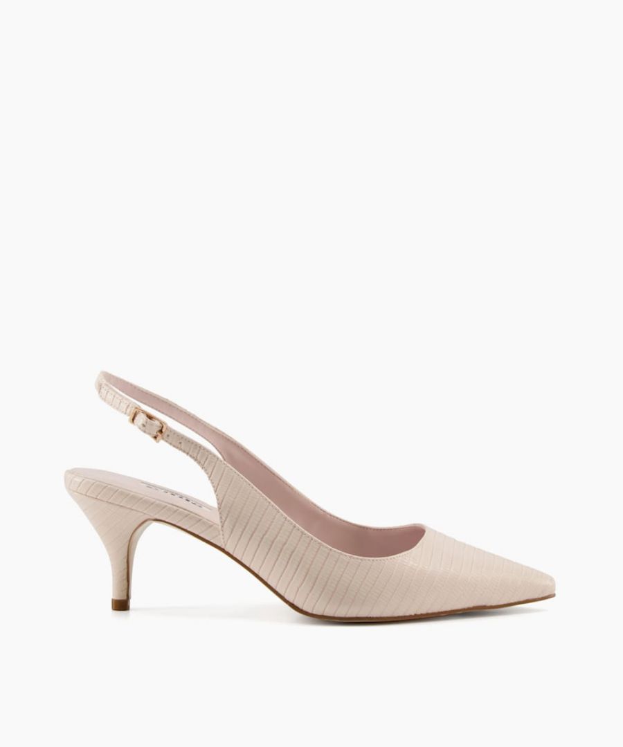 This shoe by Dune London will add a striking finish to your looks. Resting on a kitten heel, the shoe is secured with a buckle fastening. It is complete with a pointed toe for a classically feminine finish.