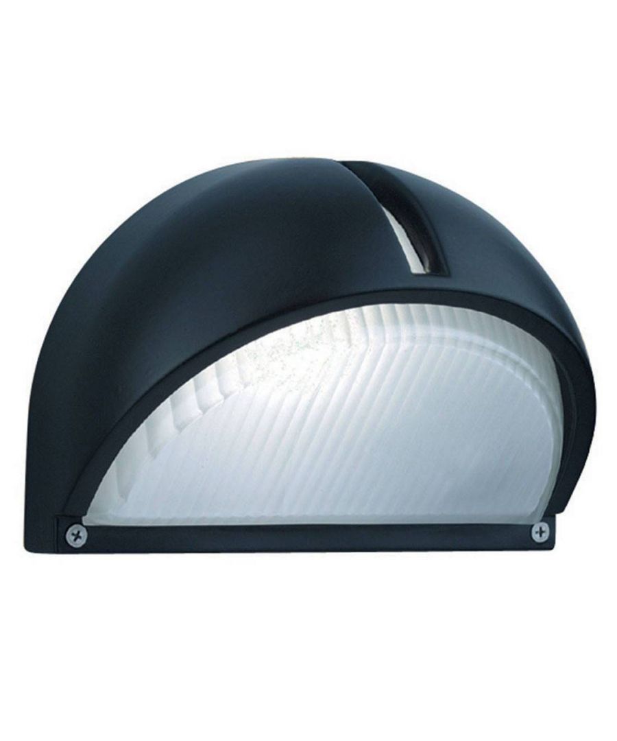 This Black Aluminium Half Moon Outdoor Light with Ridged Frosted Glass is perfect for lighting your garden and outdoor areas at night. The domed half-moon shape gives it a contemporary appearance, and the ridged frosted glass shade provides a practical source of downlight. The modern wall fitting is IP44 rated and designed to withstand the elements, with a stylish cutaway strip of light at the top to complete the look. | Finish: Black | Material: Aluminium | Diffuser Material: Frosted Glass | IP Rating: IP44 | Height (cm): 15.4 | Width (cm): 21.9 | Projection: 12.5 | No. of Lights: 1 | Lamp Type: E27 | Bulb: GLS | Wattage (max): 60 | Weight (kg): 1