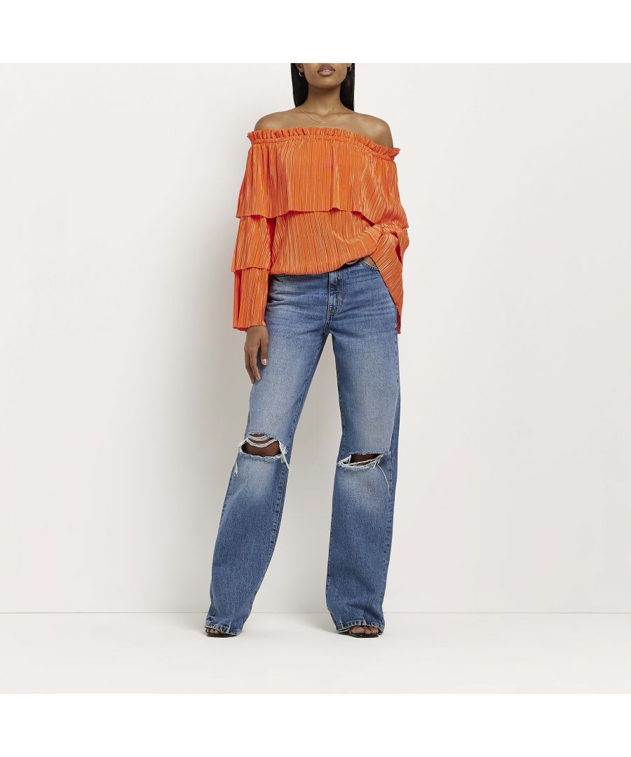 > Brand: River Island> Department: Women> Material Composition: 100% Polyester> Material: Polyester> Type: Blouse> Style: Tunic> Size Type: Regular> Fit: Regular> Pattern: Solid> Occasion: Casual> Season: SS22> Neckline: Off the Shoulder> Sleeve Length: Long Sleeve