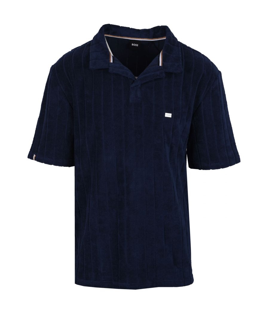 Boss Mens Toweling Polo Shirt Navy - Blue Cotton - Size X-Large