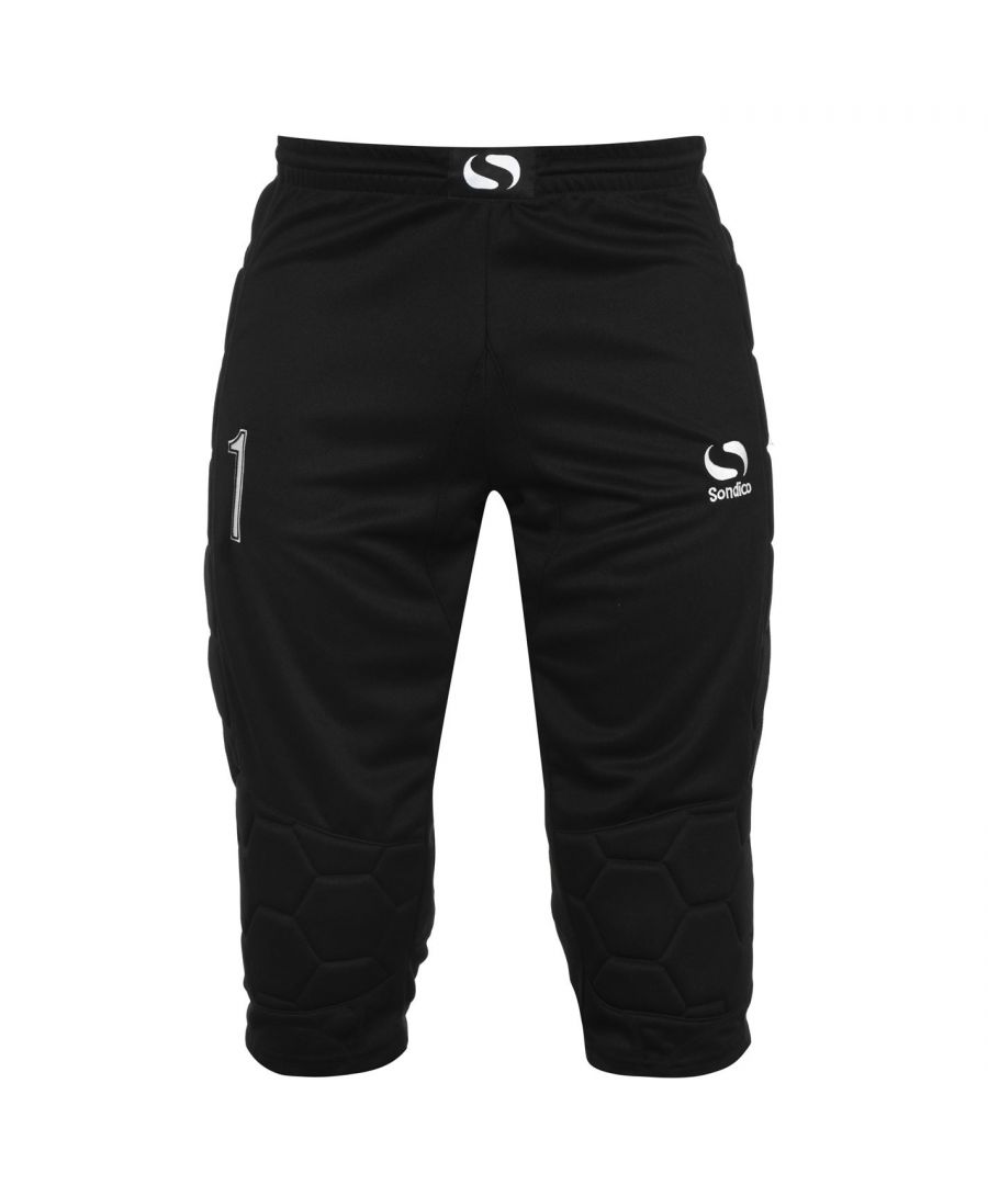 Sondico Goalkeeper Three Quarter Trousers Mens The Sondico Goalkeeper Three Quarter Trousers with the padding to the upper thighs and knees, elasticated waistband and inner drawcord for a more secure and comfortable fit when in front of those posts. These Goalkeeper Trousers offer a great look with the classic goalkeepers number 1 to the right leg and Sondico branding to the left leg and waistband. > Mens Goalkeeper Three Quarters > Elasticated waistband > Padding the upper thighs > 1 embroidered to thigh > Sondico logo to thigh and waist > 100% Polyester > Machine washable