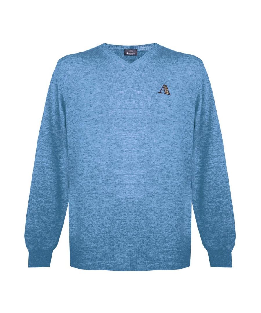 Aquascutum Mens Long Sleeved/V-Neck Knitwear Jumper with Logo in Pale Blue