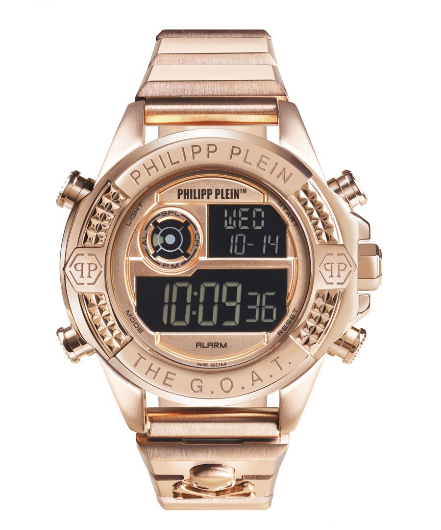 This Philipp Plein The G.o.a.t. Digital Watch for Unisex is the perfect timepiece to wear or to gift. It's Rose gold 44 mm Round case combined with the comfortable Rose Gold Stainless steel watch band will ensure you enjoy this stunning timepiece without any compromise. Operated by a high quality Quartz movement and water resistant to 5 bars, your watch will keep ticking. The digital movement of this watch immediately confers a hyper sporty, bold, contemporary urban look. -The watch has a calendar function: Day-Date, Stop Watch, Alarm, Light High quality 20 cm length and 22 mm width Rose Gold Stainless steel strap with a Fold over with push button clasp Case diameter: 44 mm,case thickness: 16 mm, case colour: Rose Gold and dial colour: Rose gold