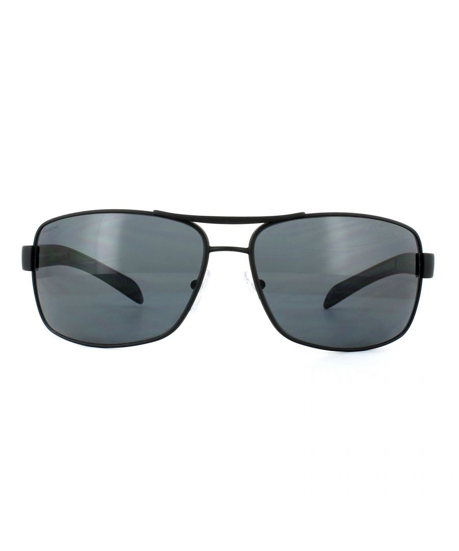 Prada Sport Sunglasses 54IS DG05Z1 Black Rubber Grey Polarized are a superb flattened aviator shape with a nice wrapped curve to the frame to hug the face close. The Prada red line of course features on the top of the arm that blends superbly the metal frame and acetate arms.