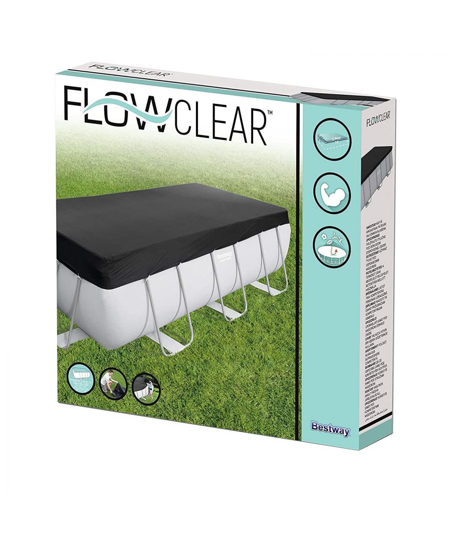 Flowclear PVC Pool Cover 396 x 185 cm for 412 x 201 and 404 x 201 cm Power Steel Square Pools, Black. With the PVC tarpaulin from Flowclear, you keep annoying dirt away from your pool in the long term. This effectively prevents the formation of algae and thus reduces the expenditure on pool chemicals enormously. Thanks to the drainage openings, water accumulation on the tarpaulin is no longer a problem. Integrated ropes on the edges allow the tarpaulin to be attached easily but securely. This is suitable for 404 x 201 x 100 cm and 412 x 201 x 122 m Power Steel pools.\n\nFeatures:\nRobust foil made of PVC material\nIncludes ropes to secure cover\nDrain holes to prevent water from accumulating\n\nSpecifics:\nSize: 396x185cm\nMaterial: Sturdy PVC\nColour: Black\nFits: 412x201x122 cm & 404x201x100 cm square Power Steel pools\n\nGeneral Maintenance:\nTo clean the Pool Cover, we would recommend using diluted washing-up liquid as this is a non-abrasive cleaner\nPlease ensure the Pool Cover is secured around the top of the pool\n\nSafety Warning: Do not permit children to use this product unless they are closely supervised at all times\n\nPackage Includes: Bestway Flowclear Rectangular PVC Tarpaulin, 396 x 185 cm