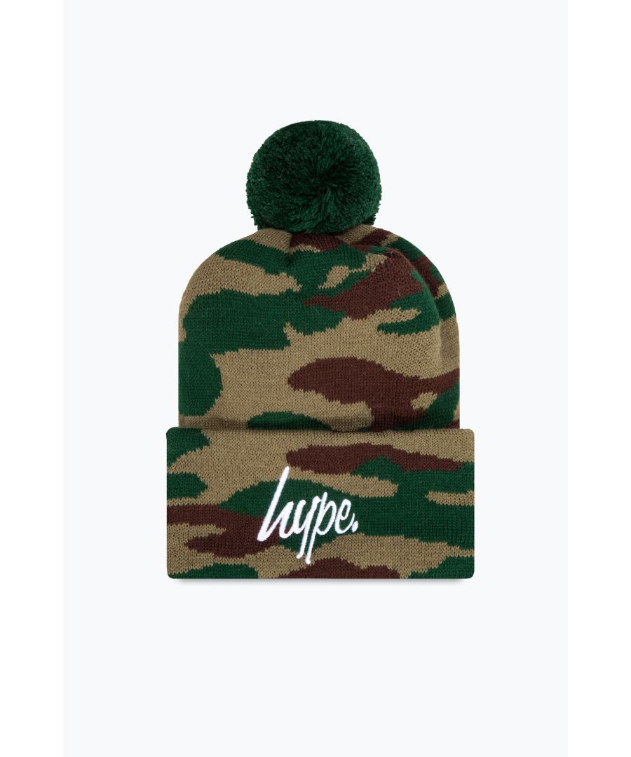 Stay cosy in the HYPE. Camo knitted pom pom beanie. Designed in a khaki, brown and beige colour palette in our signature camo print. With a soft-touch woven acrylic fabric for supreme comfort. In our standard adult's beanie shape with a turned-up cuff design, finished with the iconic HYPE. script logo embroidered on the front and pom pom top. Machine washable.