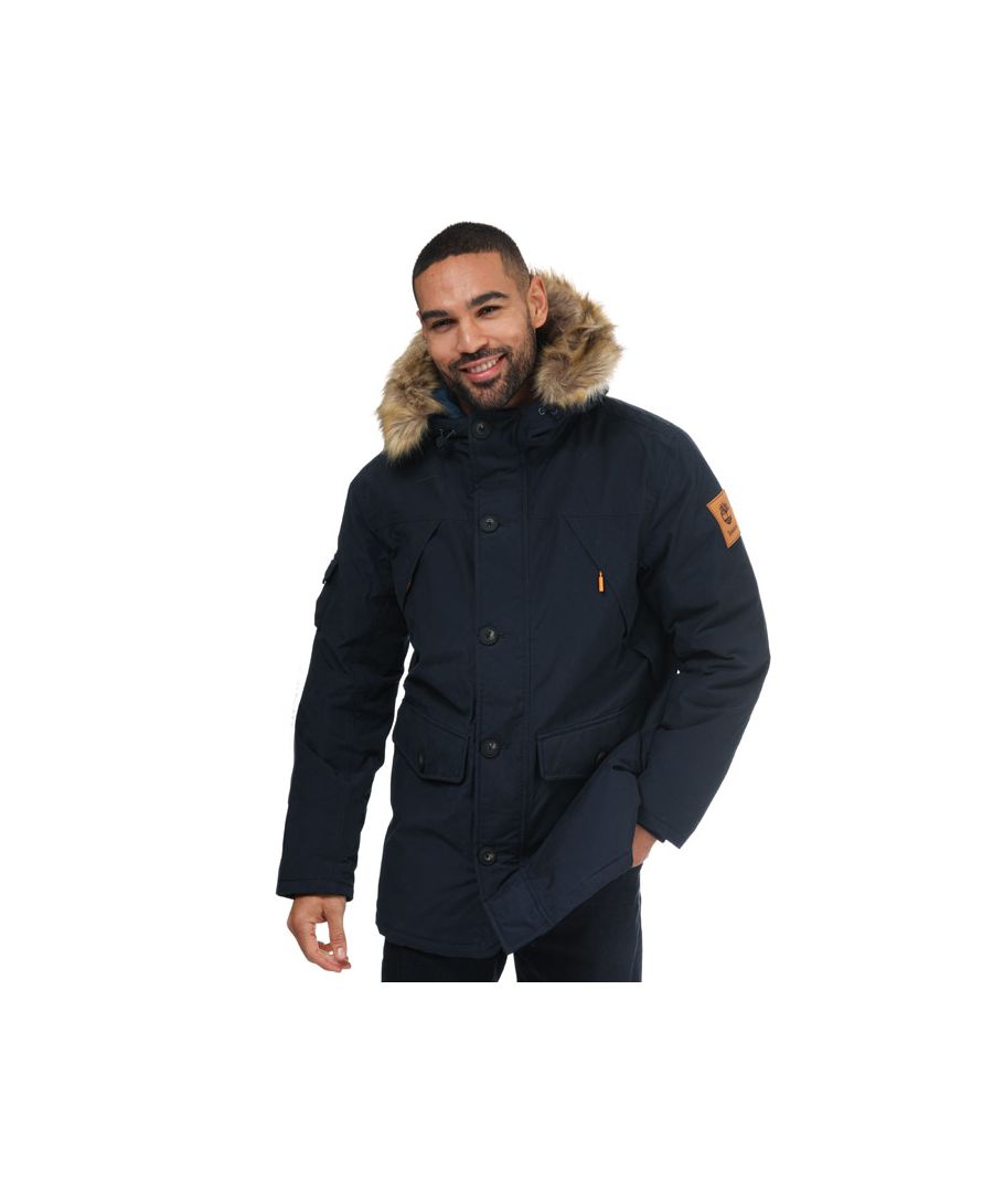 Mens Timberland Downfree Parka Jacket in navy.- Detachable faux fur trim on hood.- Full zip fastening.- Secure external zip pockets.- Features DryVent™ breathable waterproofing technology.- Thermore® Ecodown® insulation made from 100% recycled  post-consumer plastic.- Regular fit.- Shell: 67% Cotton  33% Polyester. Body Lining: 100% Polyester. Sleeve Lining: 100% Polyester.  Machine washable. - Ref: A2C3C4331
