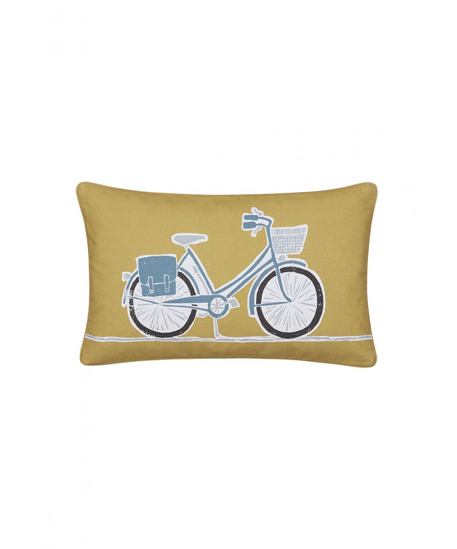 Snowdrop features an all-over stylised flower head set against a light blue ground. The design is reflected in a contrasting colourway on the reverse and finished with a grey piped edging. Printed on pure cotton, Snowdrop is available in four sizes of duvet cover sets which include a matching Oxford pillowcase(s). A textured cotton cushion featuring a bicycle print adds a quirky finishing touch. Fibre Filled, Made in Pakistan.