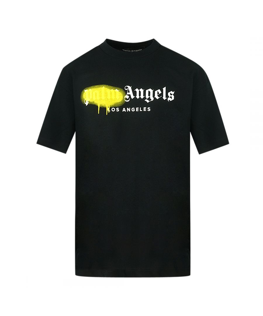 Palm Angels Black Tee. Regular Fit, Fits True To Size. Palm Angels Gothic Logo Print With Yellow Spray Paint Detail. 100% Cotton. Style Code: PMAA001S204130551018