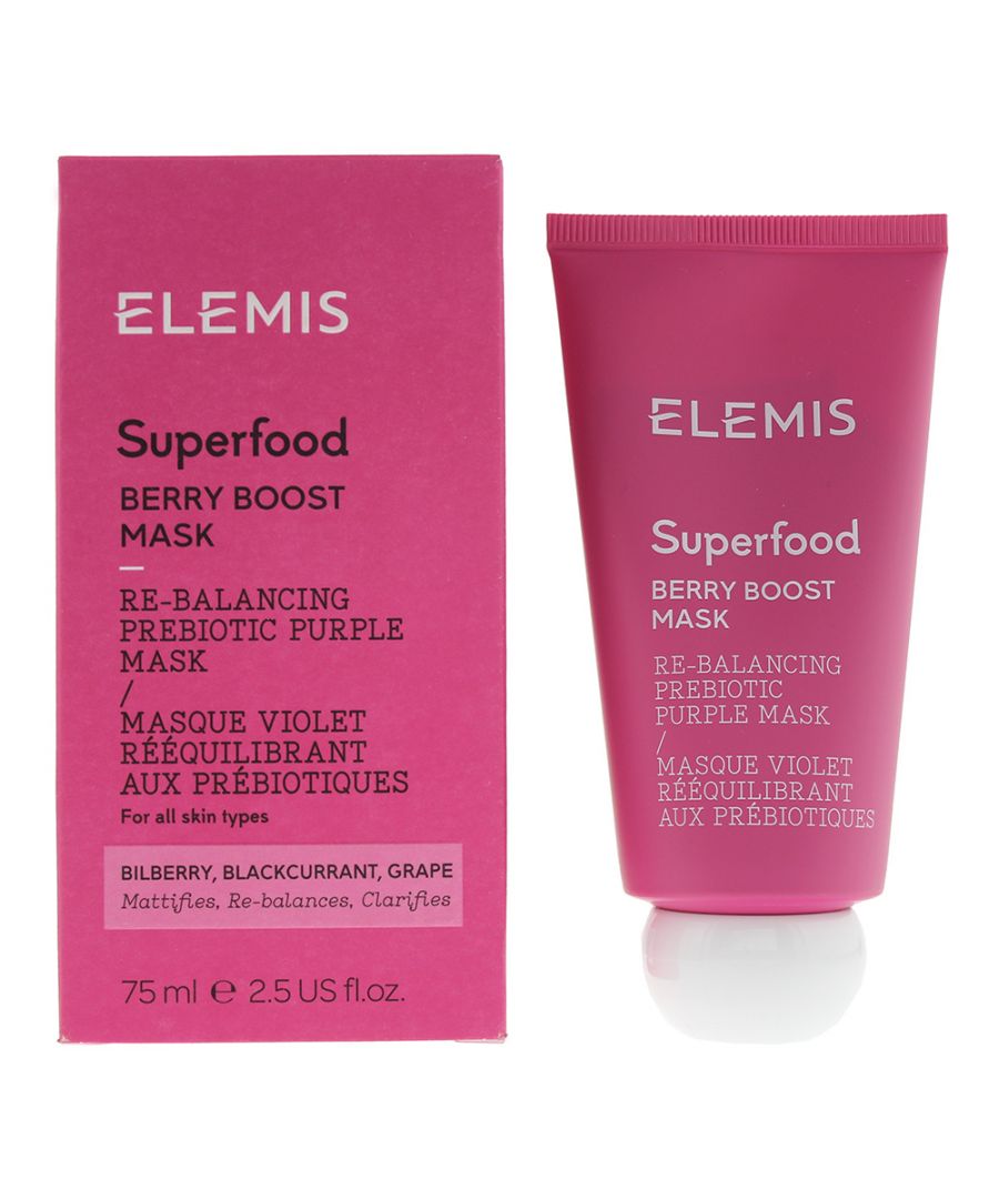The Elemis Superfood Berry Boost Mask is a smoothie inspired Prebiotic Face Mask that purifies and refreshes the complexion within 10 minutes. The formula contains Brazilian Purple Clay, an Omega-rich SuperBerry Complex and Black Tea Extract, which helps to balance the skin and absorb excess oil. The mask has a hydrating formula and is enriched with a Prebiotic naturally derived from sugar which helps the skin's natural microflora.