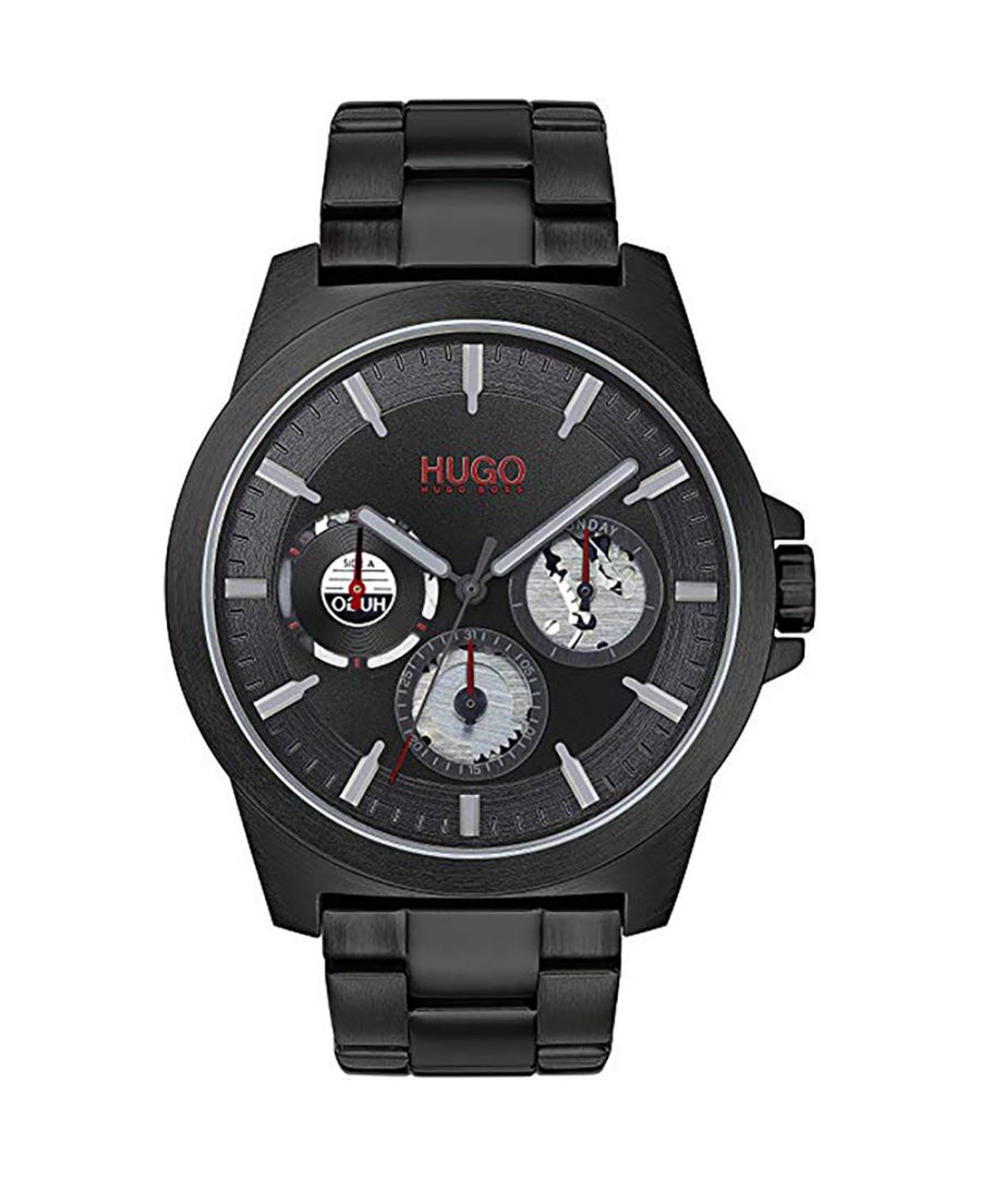This Hugo Twist Multi Dial Watch for Men is the perfect timepiece to wear or to gift. It's Black 44 mm Round case combined with the comfortable Black Stainless steel watch band will ensure you enjoy this stunning timepiece without any compromise. Operated by a high quality Quartz movement and water resistant to 5 bars, your watch will keep ticking. Stylish and a modern design, very suitable for Men  -The watch has a calendar function: Day-Date, 24-hour Display High quality 21 cm length and  21 mm width Black Stainless steel strap with a Fold over with push button clasp Case diameter: 44 mm,case thickness: 10 mm, case colour: Black and dial colour: Black