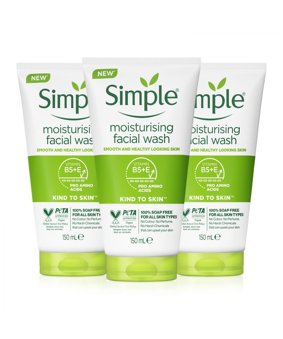 Simple Refreshing Facial Wash thoughtfully washes away makeup, dirt and other impurities leaving your skin feeling clean, fresh and revived. Simple Moisturising Facial Wash thoroughly cleanses your skin, removing oil, dirt, and other impurities without leaving it to feel dry or dehydrated. Ideal for everyday use as part of your skincare routine.\n\nSimple Moisturising Face wash is carefully blended with the purest possible ingredients and multi-vitamins, the facial wash is enriched with pro-vitamin B5, vitamin E and Bisabolol, leaving your face feeling clean and refreshed.\n\nSimple face wash formula is non-comedogenic (meaning it doesn’t clog pores), hypoallergenic and ophthalmologist tested (meaning it’s safe to use around the eye area, but avoid direct contact with eyes, otherwise rinse thoroughly to prevent irritation).\n\nHow To Use :\nWet face with warm water.\nSqueeze a small amount into your hands and work into a lather.\nMassage gently in a circular motion onto wet skin.\nRinse with warm water and pat dry. Avoid delicate eye areas.\n\nWarnings: For external usage only. Avoid getting into your eyes.