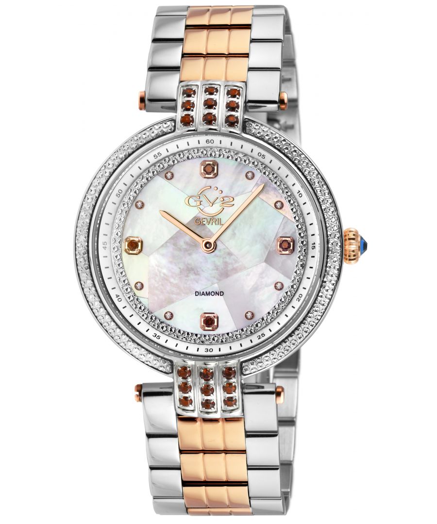 GV2 12810B Women's Matera Gemstone Diamond Watch GV2 Women's Swiss Quartz Gemstone Watch from the Matera Collection 36mm round IPRG Case, Diamond Cut Bezel with 18 Dark Red Garnett Gemstones on Lugs. Puzzle White MOP with 8 Single Cut Diamonds on dial, 4 Dark Red Garnet Gemstones Push/Pull Crown Two-Toned SS/IP Rose Gold Bracelet with Deployment Buckle Anti-reflective Sapphire Crystal Water Resistant to 50 Meters/5ATM Swiss Quartz Movement, Ronda 762