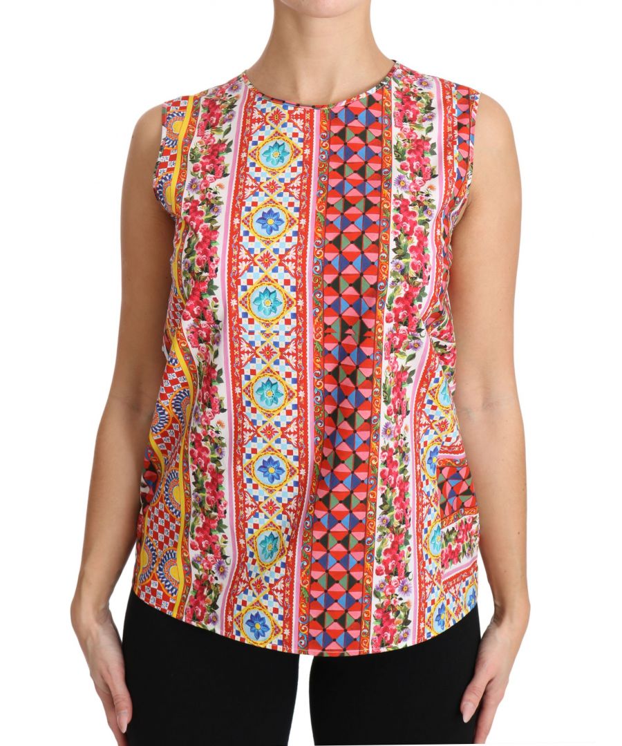 Dolce & Gabbana WoMens Carretto Print Pure Cotton Tank Top Floral Blouse - Multicolour - Size X-Large