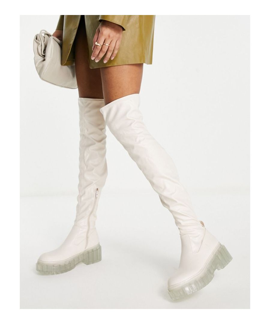 Boots by ASOS DESIGN *chef's kiss* Over-the-knee style Pull tab for easy entry Zip-side fastening Round toe Contrast chunky sole Lugged tread Sold by Asos