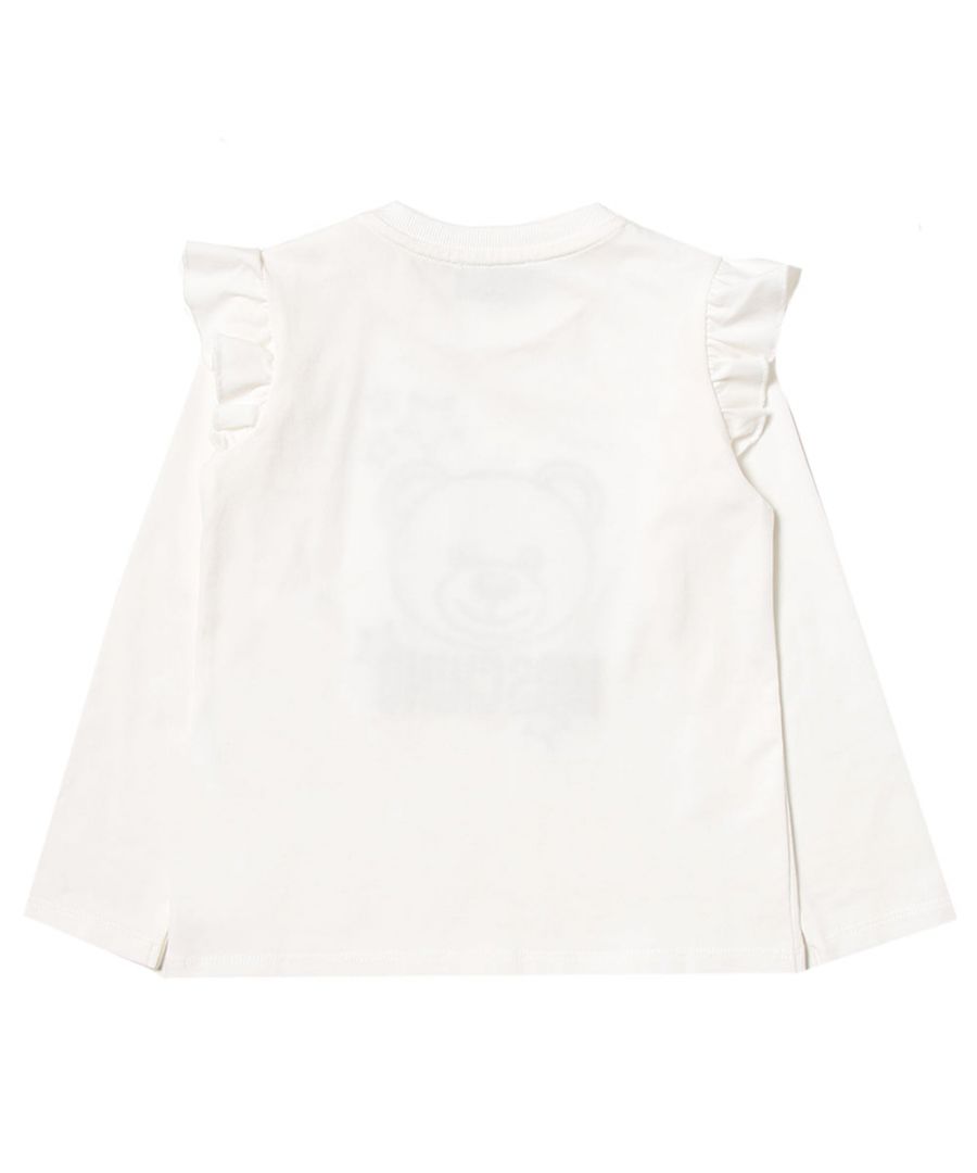 This Moschino Baby Girls Bear Print T-shirt in White is crafted from cotton and features a long sleeve design, ruffle shoulders and the Moschino bear logo at the front.\n\nLong sleeve design\nRuffle shoulders\nBear logo