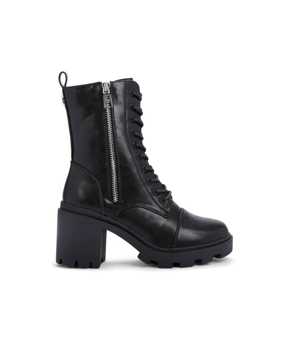 The Siren ankle boot features a black textured upper with classic lace up front. There is a silver zipper on the outside and Icon C stud at the back of the ankle. Heel height: 70mm.