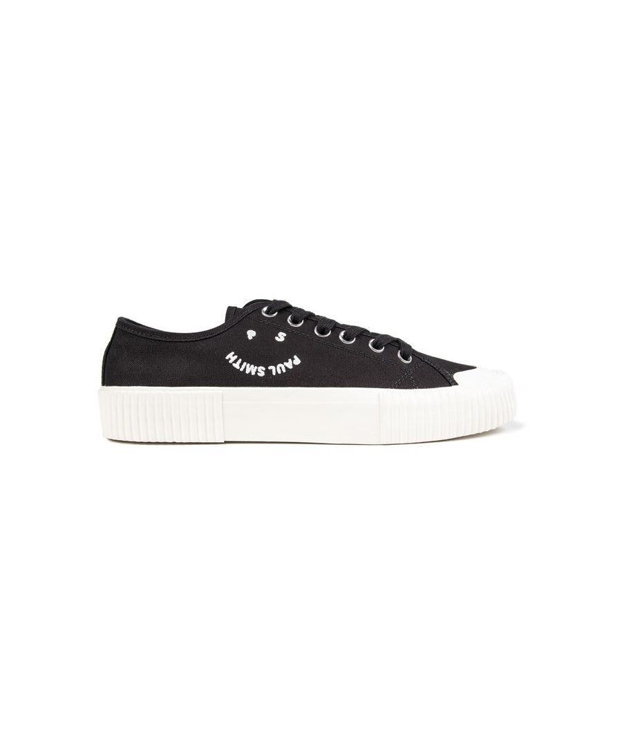 Men's Black Paul Smith Isamu Lace-up Canvas Trainers With White Text Paul Smith Inverted Branding On The Side, Finished With Metal Eyelets And A Fabric Heel Tab. These Pumps Have A Cushioned Footbed And Contrasting White Textured Rubber Sole And Toe Cap.