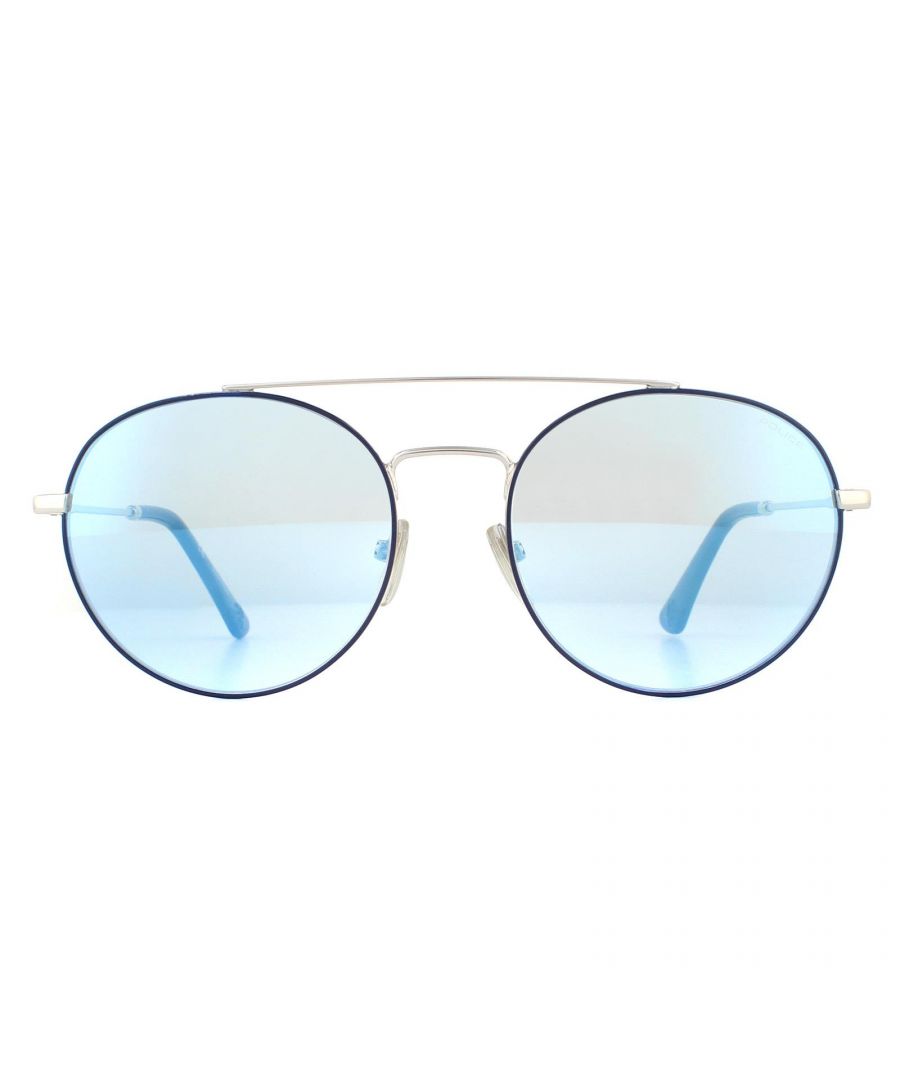 Police Sunglasses SPL728 E70X Shiny Palladium Mirrored Blue  are a  double bridge round style with a super thin metal frame. Temples feature the Police logo and plastic tips for added comfort.
