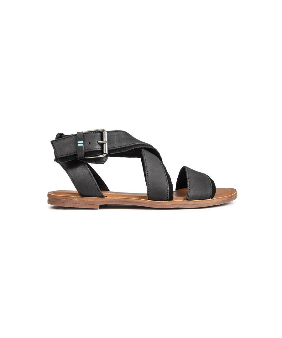 Womens black Toms sidney sandals, manufactured with leather and a rubber sole. Featuring: cushioned leather insole, lightweight construction, hook & loop closure and comfort straps.