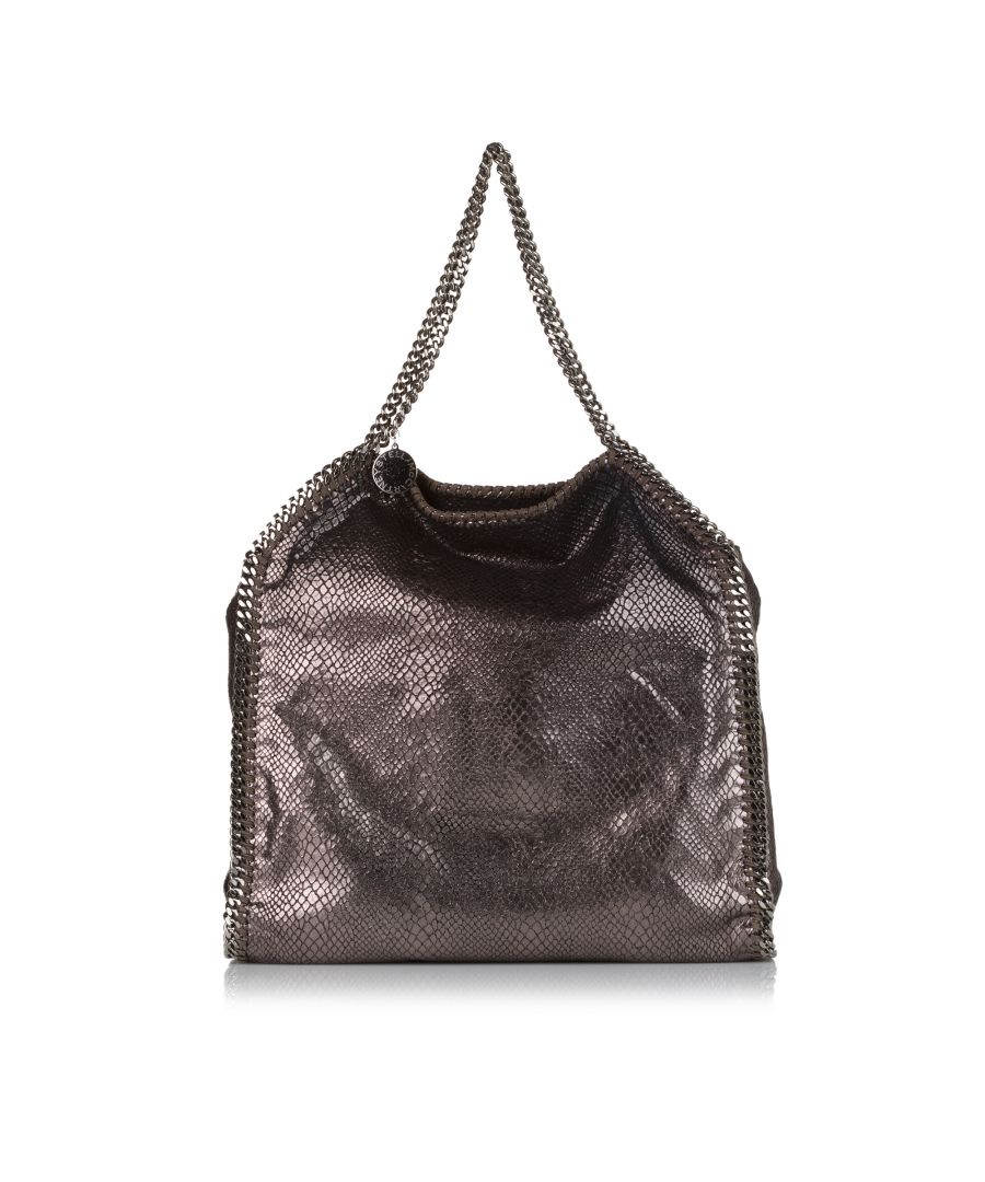 VINTAGE. RRP AS NEW. The Falabella tote bag features a python embossed fabric body, silver-tone chain straps, a top magnetic snap button closure, and an interior zip pocket.Exterior Front Scratched. Exterior Handle Scratched. Interior Lining Discolored. Lock Scratched. \n\nDimensions:\nLength 44cm\nWidth 42cm\nDepth 12cm\nHand Drop 24cm\nShoulder Drop 24cm\n\nOriginal Accessories: Pouch\n\nSerial Number: 229034 w9382 512064\nColor: Brown\nMaterial: Fabric\nCountry of Origin: Italy\nBoutique Reference: SSU172698K1342\n\n\nProduct Rating: GoodCondition\n\nCertificate of Authenticity is available upon request with no extra fee required. Please contact our customer service team.
