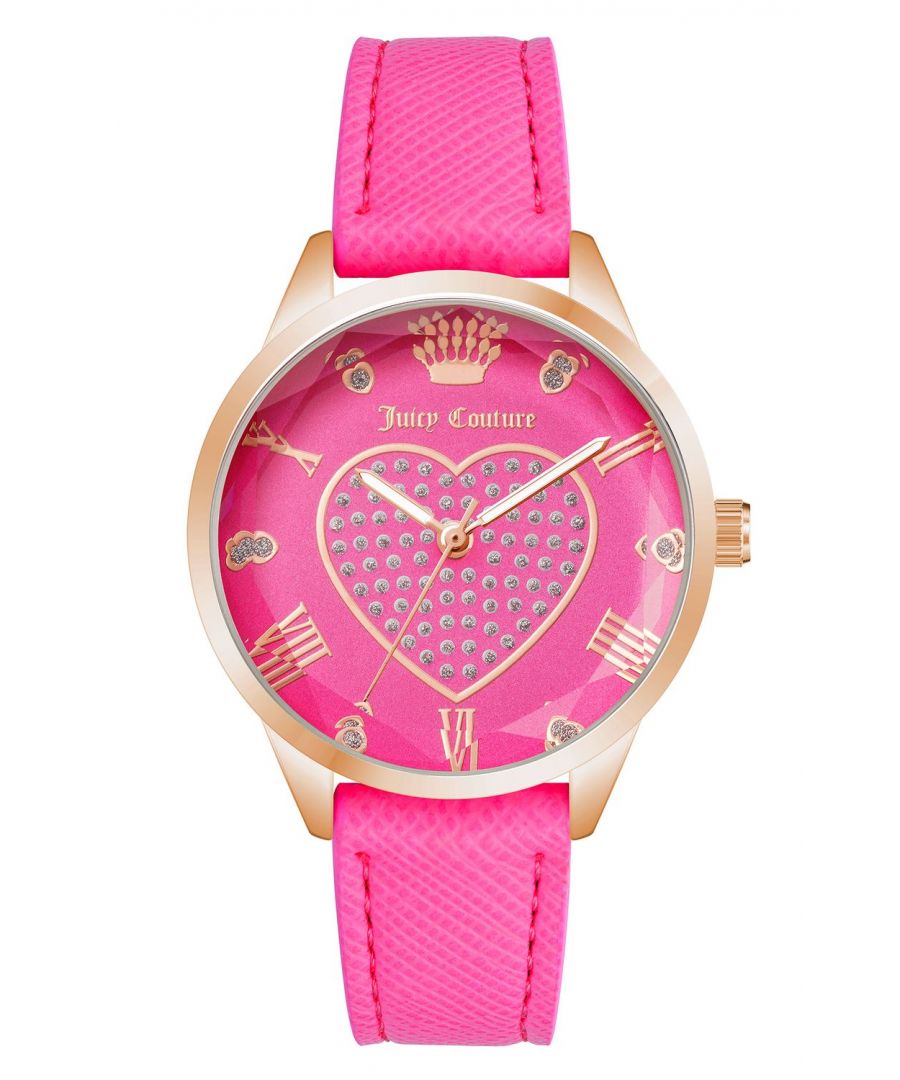 Juicy Couture Watch JC/1300RGHP\nGender: Women\nMain color: Rose Gold\nClockwork: Quartz: Battery\nDisplay format: Analog\nWater resistance: 0 ATM\nClosure: Pin Buckle\nFunctions: No Extra Function\nCase color: Rose Gold\nCase material: Metal\nCase width: 35\nCase length: 35\nFacing: Rhine Stone\nWristband color: Pink\nWristband material: Leatherette\nStrap connecting width: 16\nWrist circumference (max.): 20\nShipment includes: Watch box\nStyle: Fashion\nCase height: 8\nGlass: Mineral Glass\nDisplay color: Pink\nPower reserve: No automatic\nbezel: none\nWatches Extra: None