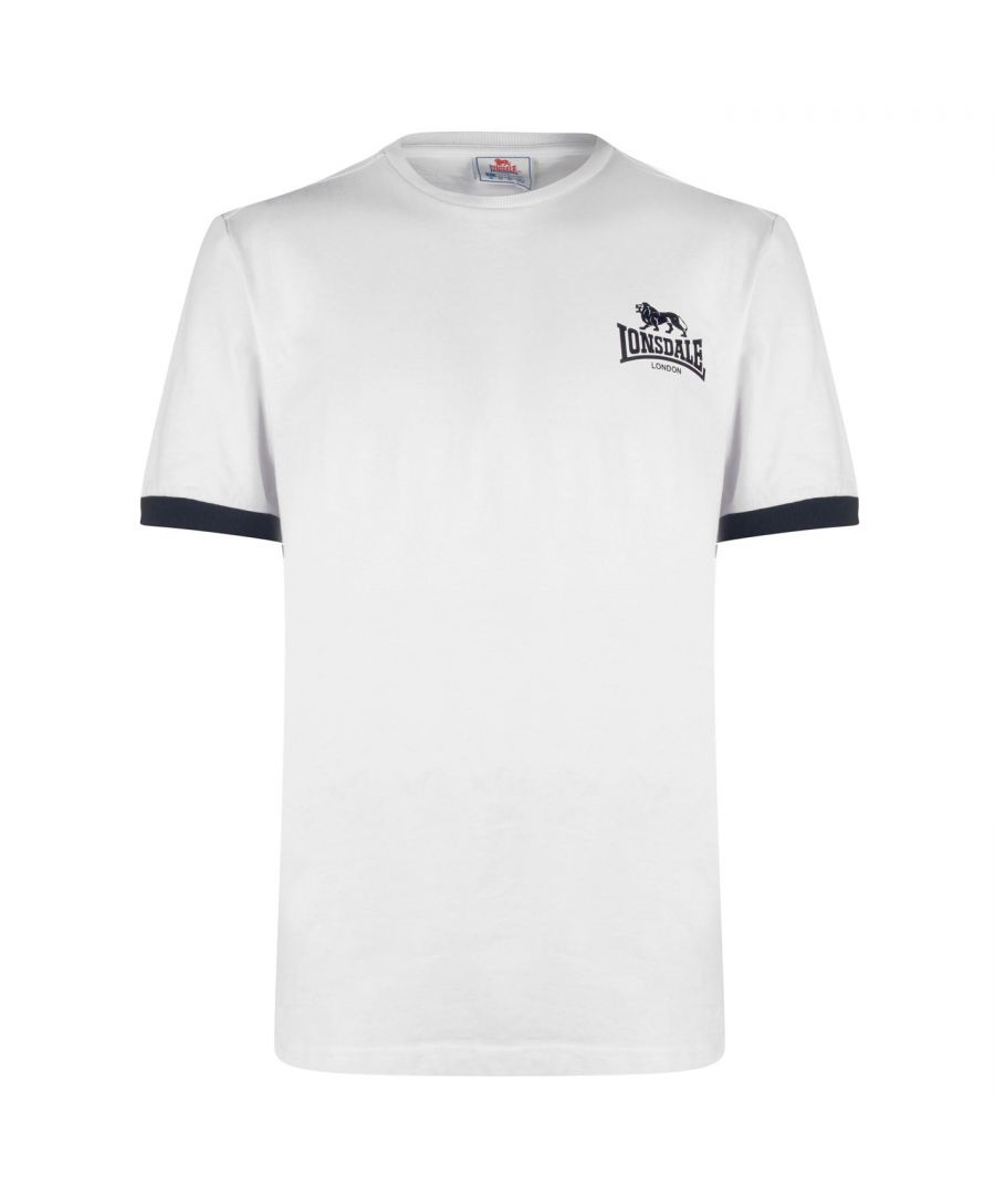 <h2>Lonsdale Small Logo T Shirt Mens</h2>\nThis Lonsdale Small Logo T Shirt is crafted with short sleeves and a crew neck. It features ribbed trims for comfort and is a lightweight construction. This t shirt is designed with a printed logo to the chest and is complete with Lonsdale branding.\n\n> Men's T Shirt\n> Short Sleeves\n> Crew Neck\n> Ribbed Trims\n> Lightweight\n> Printed Logo\n> Lonsdale Branding\n> 60% Cotton, 40% Polyester\n> Machine Washable\n> Keep Away From Fire
