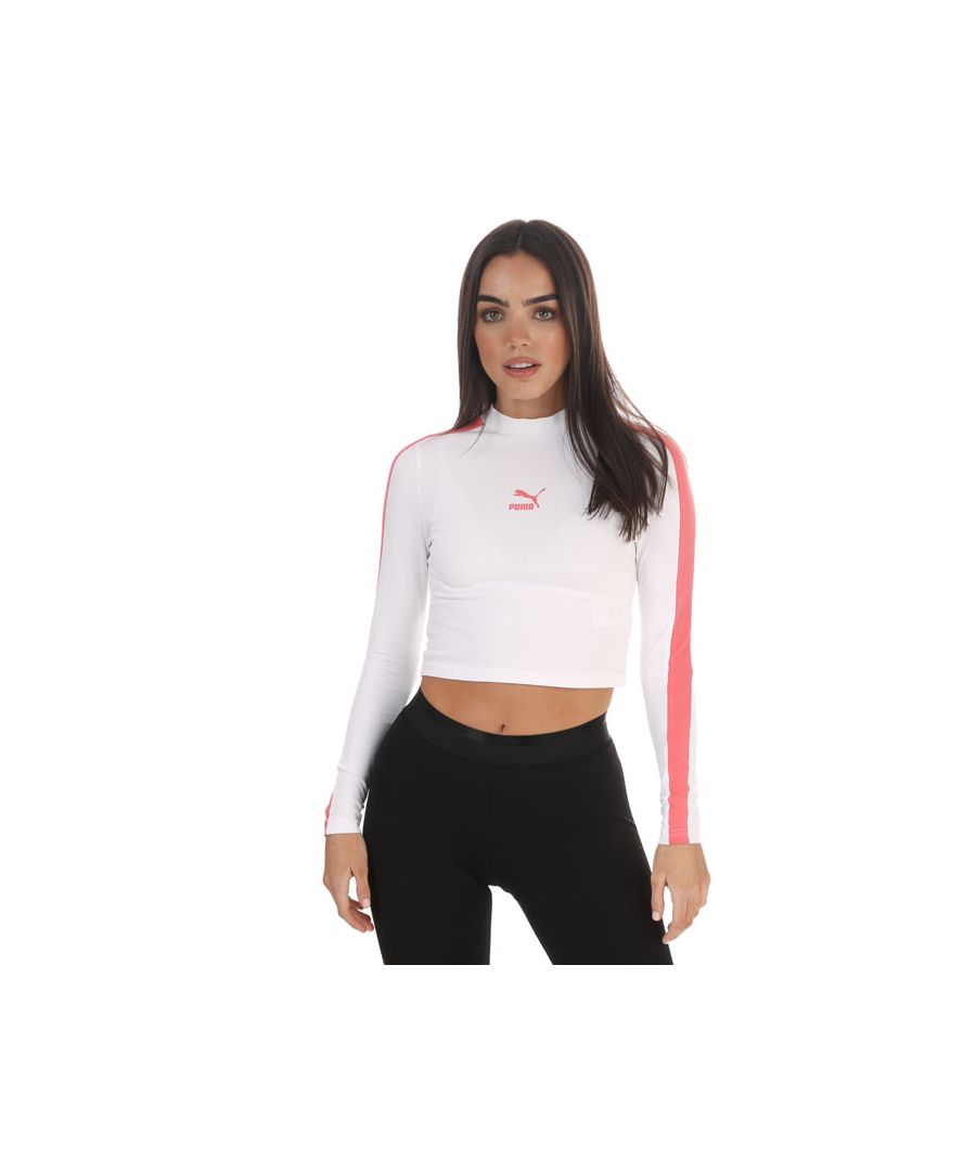Puma Womenss Classic Long Sleeve Crop Top in White Cotton - Size 14