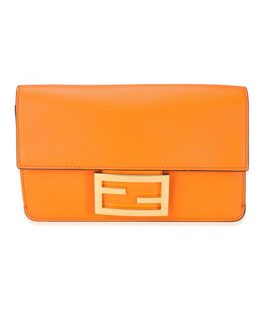 VINTAGE, RRP AS NEW\nThe fendi mini flat baguette makes for a perfect piece to carry for casual strolls, but can be dressed all the way up to a nice evening bag. seen here in orange calfskin, and a fendi 'strap you' strap, as opposed to the original pequin motif strap.size: minidimensions: 7.25 x 4.5 x 0.75strap length: 15.5-24includes: nonecirca: 2019made in: italysku: 114508