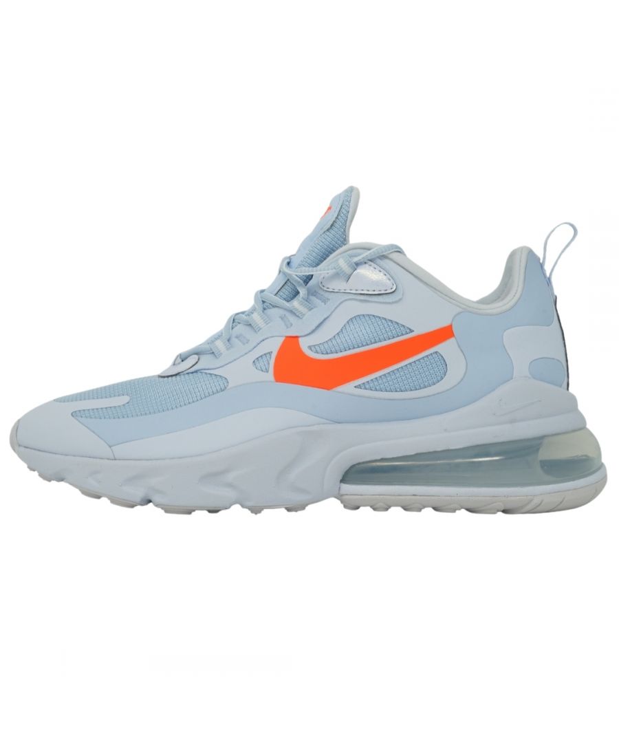 Nike Air Max 270 React CV3022 400 Womens Trainers. Blue Nike Trainers. Lace Up. Rubber Sole. Orange Logo On Side Of Shoe. Rubber and Textile Upper