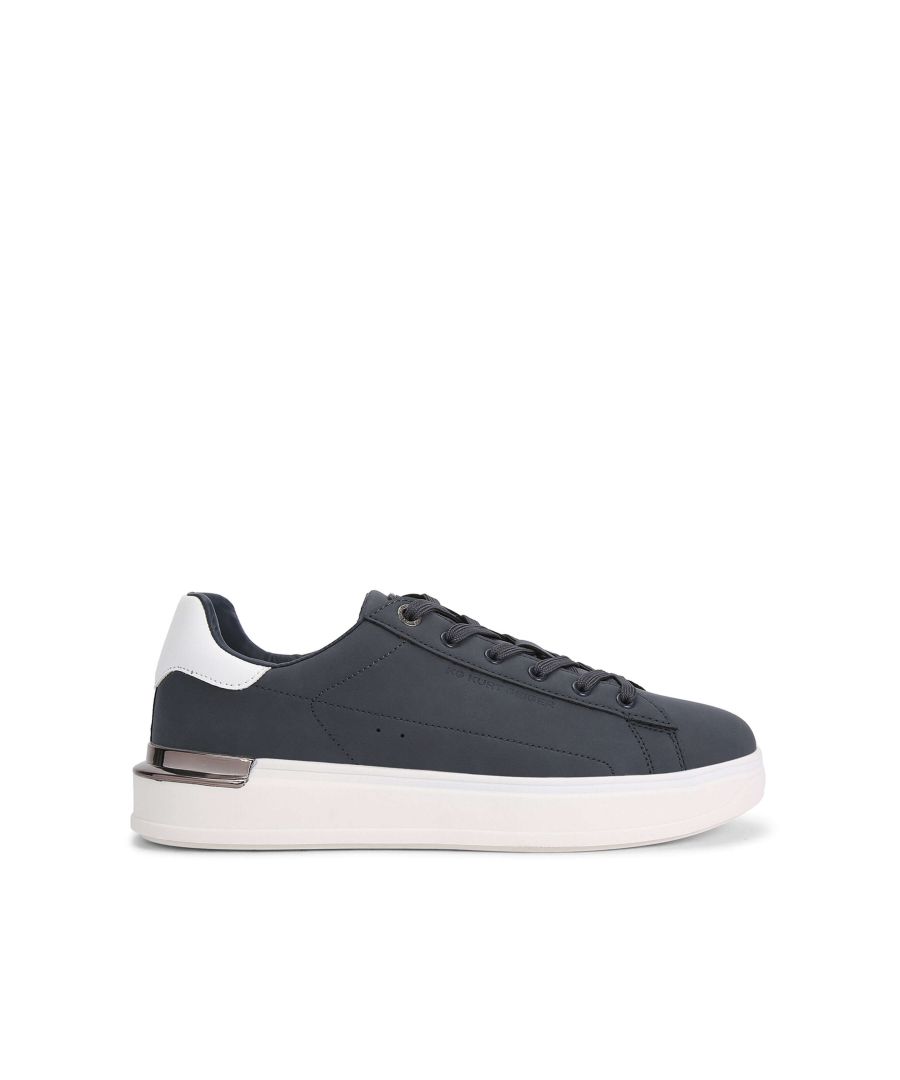 Keaton by KG Kurt Geiger is a navy lace up trainer with subtle KG Kurt Geiger branding and a contrast sole and heel tab.