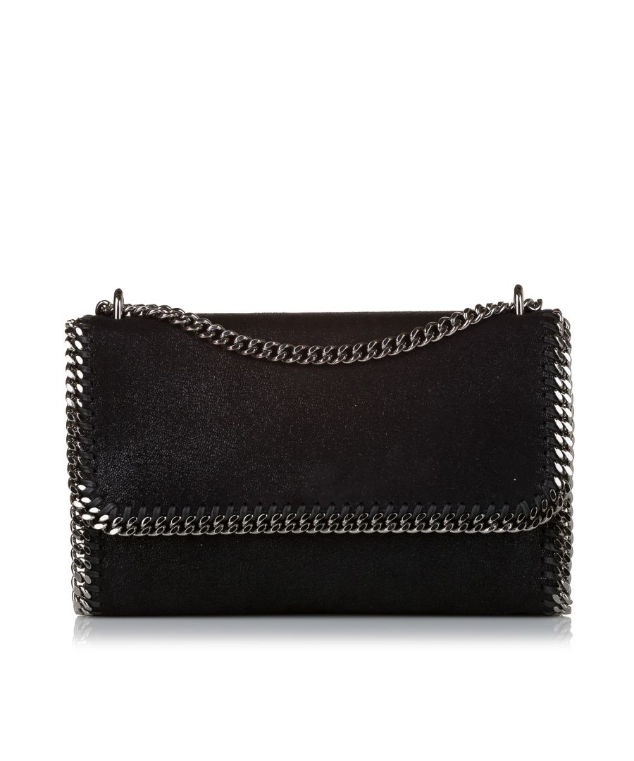 VINTAGE. RRP AS NEW. The Falabella crossbody bag features a faux leather body, a curb chain strap, a front flap with magnetic snap button closure, and an interior zip pocket.\n\nDimensions:\nLength 22cm\nWidth 30cm\nDepth 4cm\nShoulder Drop 55cm\n\nOriginal Accessories: Dust Bag\n\nSerial Number: 478473 W9132 AU17 512064 10\nColor: Black\nMaterial: Fabric x Others x Metal x Brass\nCountry of Origin: Italy\nBoutique Reference: SSU163953K1342\n\n\nProduct Rating: VeryGoodCondition\n\nCertificate of Authenticity is available upon request with no extra fee required. Please contact our customer service team.
