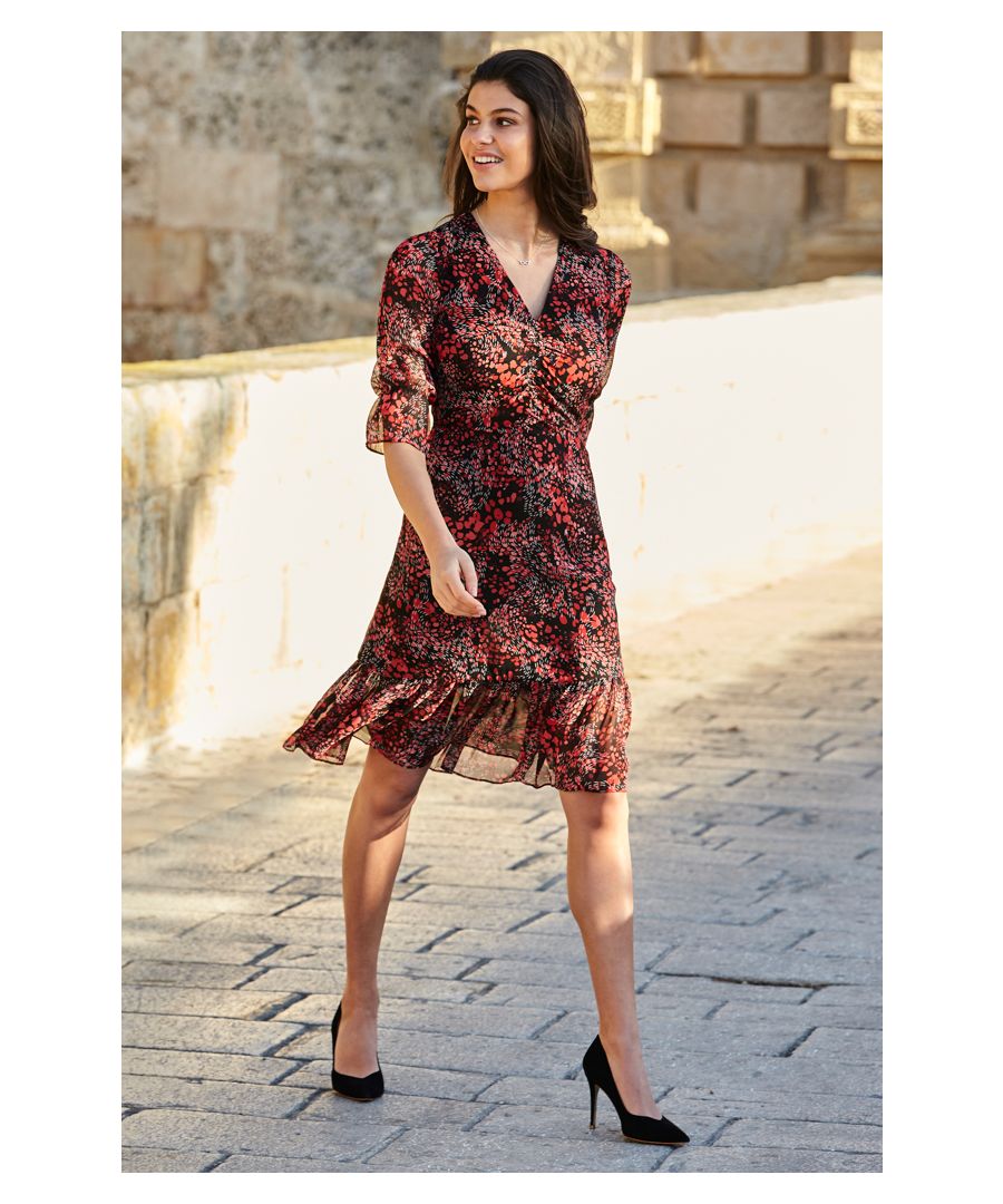 Image for Black & Red Abstract Poppy Print Fit & Flare Dress