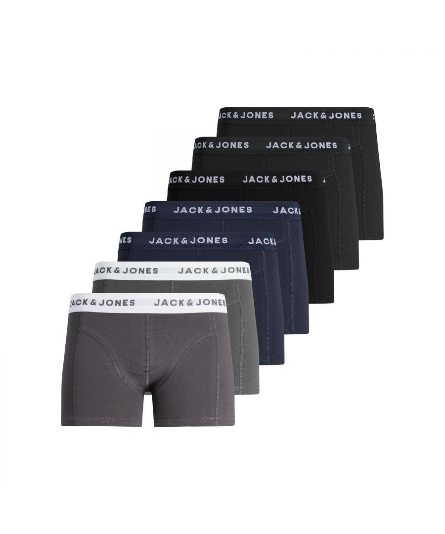 Enjoy these Iconic Jack & Jones Men's Jactone In Tone Trunks 7Pack, they are essential for any man's underwear collection as they provide luxury comfort and style.\n\nLong-lasting stretch in the waistband. Anatomically correct H-shape for high comfort.          \n\nFeatures:\n7-pack basic trunks\nLots of stretches\nElasticated waistband\nTight and comfortable            \n\nWashing Instruction:\nMachine wash at max 40°C under gentle wash program\nTumble dry on medium heat settings\nHang dry\n\nIron temp.: High temp. iron. Highest temp. 200°C\n\nNote: Do not bleach, Dry clean (no trichloroethylene)\n\nPackage Includes: Men's 7 Pack Jack & Jones Boxer Shorts